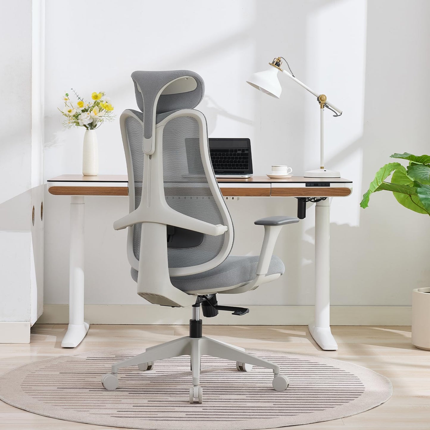 Nouhaus Fluido Ergonomic Office Chair, High Back Mesh Computer Chair w/Height Adjustable Lumbar Support, Backrest & Headrest, Dynamic Back Support, 3D Armrests, Home Office Desk Chairs Comfy (Grey)