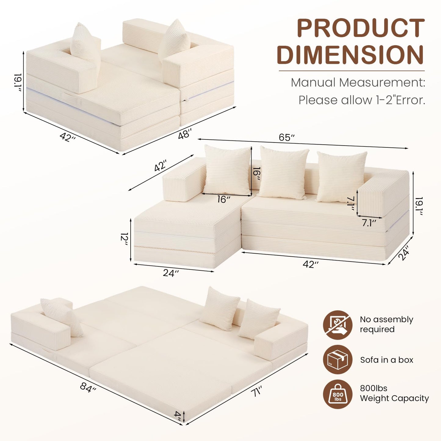 65" L Shaped Couch for Small Spaces, No Assembly Cloud Sectional Sofa with Deep Seat, Left Facing Chaise, 4-in-1 Modular 3 Seater Corduroy Couch for Apartment, Beige