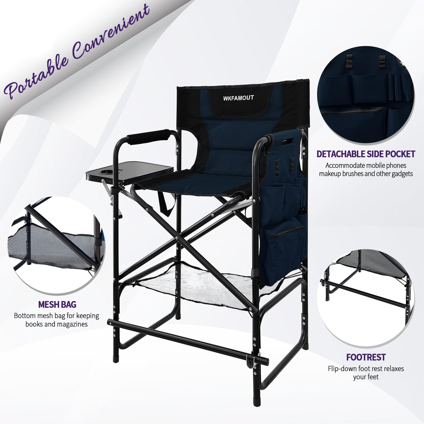 WKFAMOUT Tall Folding Directors Chair with Side Table 30.71" Seat Height Foldable Camping Chair Bar Stool for Makeup Artist Face Painting with Footrest and Storage Pocket Supports 350LBS