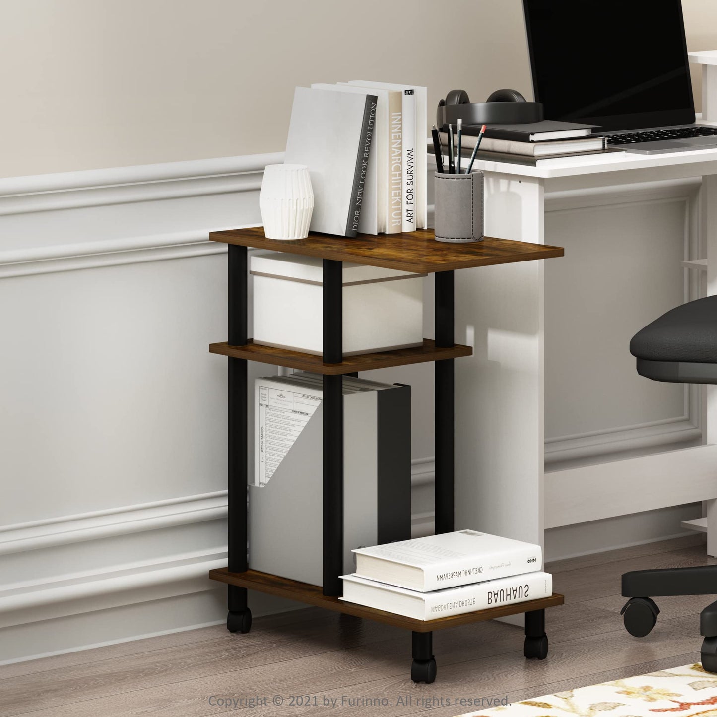 Furinno Turn-N-Tube C Shaped Side Table with Casters, Amber Pine/Black