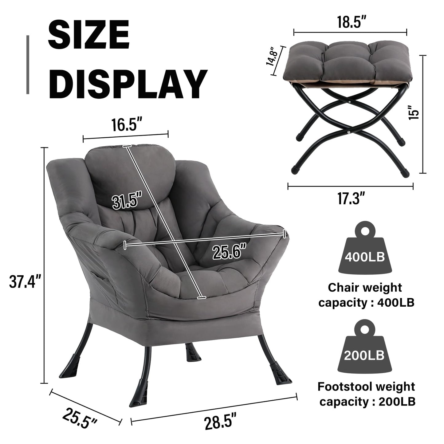 SESHINELL Lazy Chair with Ottoman, Modern Accent Chair Contemporary Sofa Chair with Armrests, Reading Chair and Folding Footstool Set for Living Room, Bedroom, Office, Dark Grey