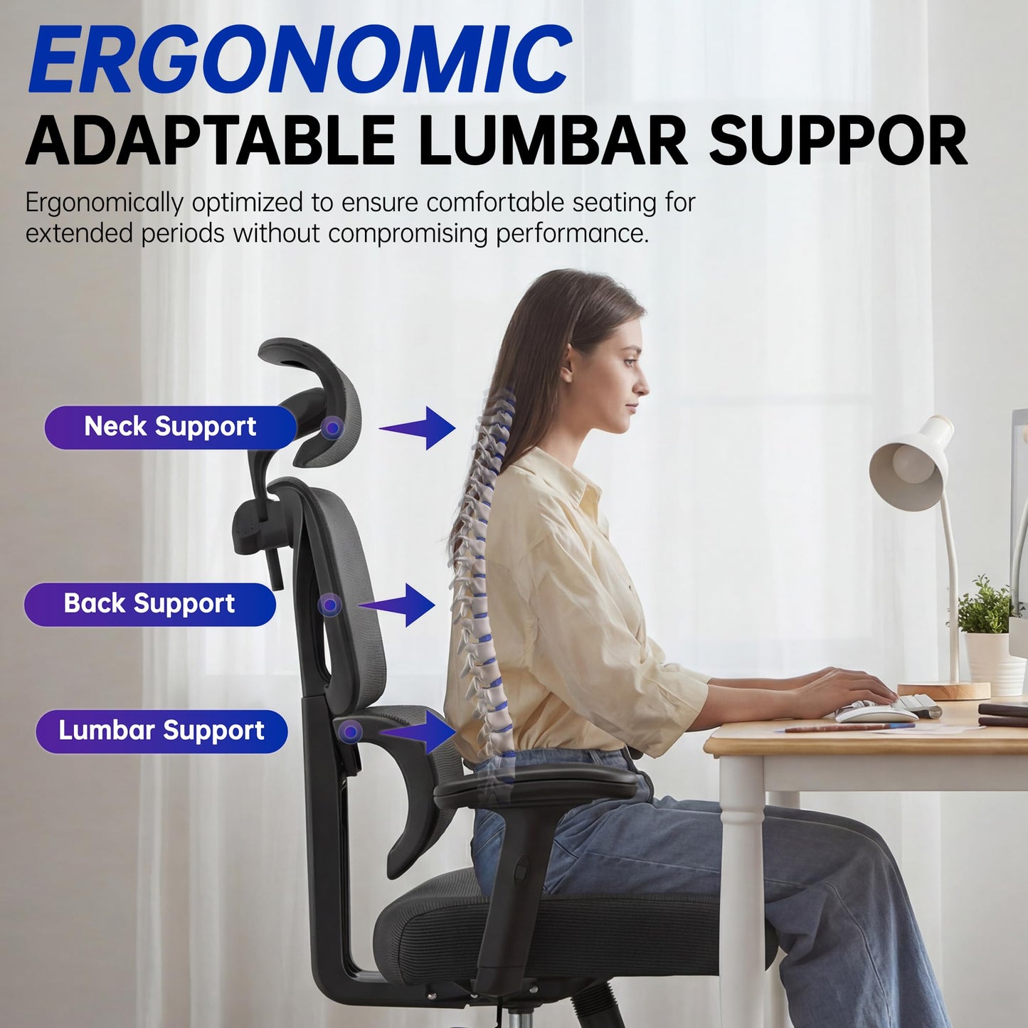 Hayelf Ergonomic Office Chair, High Back Mesh Computer Chair with Comfortable Adaptive Lumbar Support, Built-in Coat Hanger, SGS Class 4 Gas Lift, Heavy Duty 300lbs for Long Hours Home Office