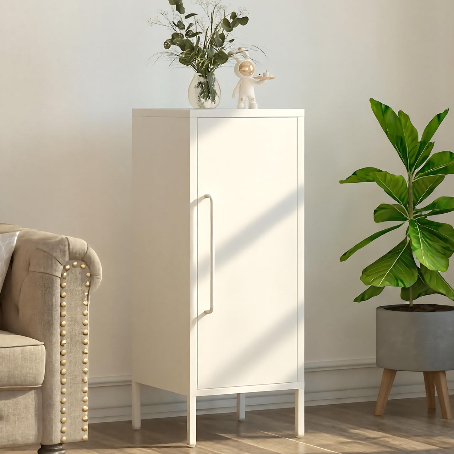 PEROKIER Metal Storage Cabinet with 2 Adjustable Shelves Small Storage Cabinets with Door for Office Kitchen Bathroom Living Room Pantry Garage (White)