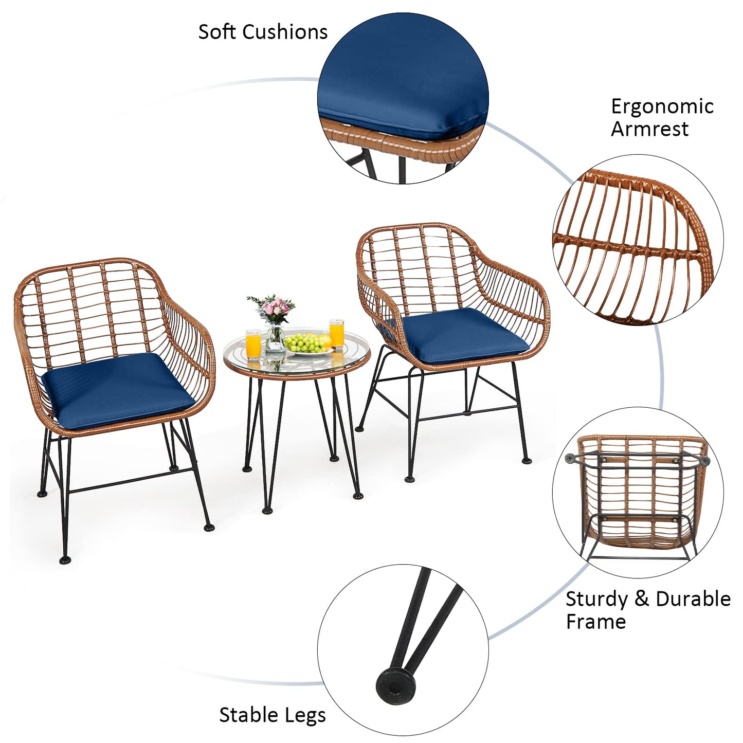 Tangkula 3 Pieces Patio Conversation Bistro Set, Outdoor Wicker Furniture w/Round Tempered Glass Top Table & 2 Rattan Armchairs, Bistro Chat Set w/Seat Cushions for Porch, Backyard, Garden
