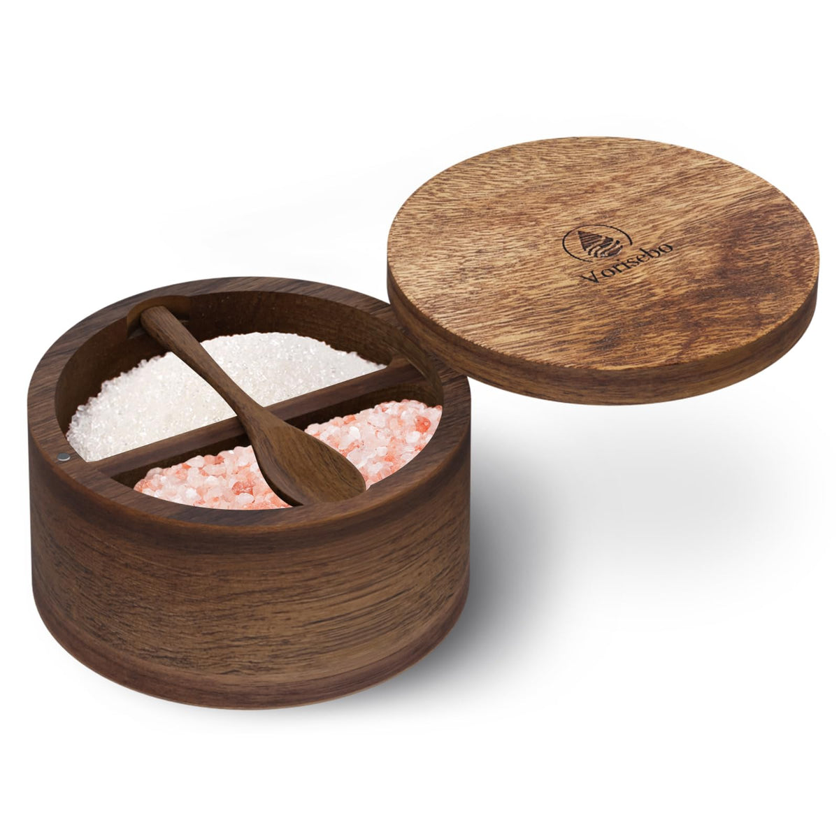 Vorisebo Acacia Wood Salt Container with Built-in Spoon, Elegant Salts Holder with Magnetic Swivel Lid, Salt Box for Kitchen to Storage Pepper, Spice or Favorite Seasonings, 5OZ (Two Compartments)