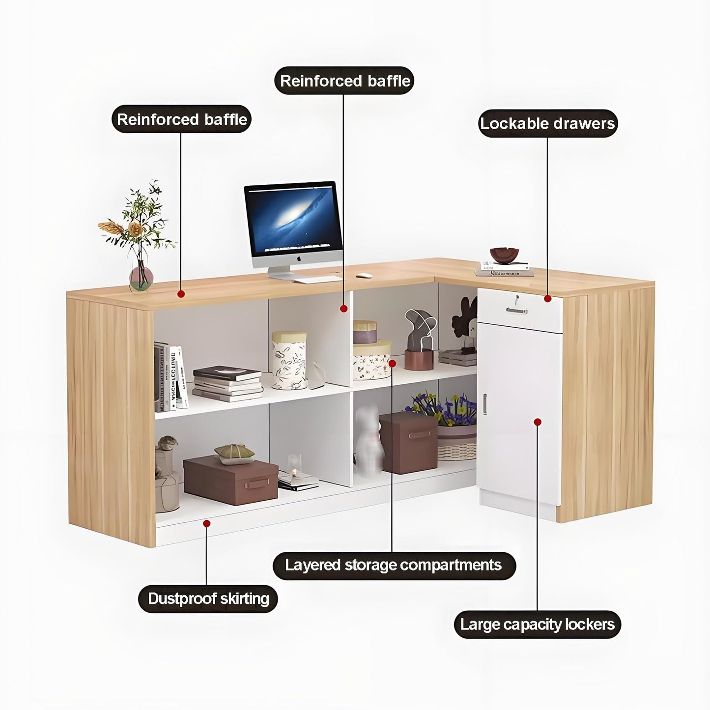 Reception Desk, Wooden Front Desk with Open Shelf and Lockable Function, Retail Corner Computer Desk for Salon, Office, Restaurant(Wood+White R)