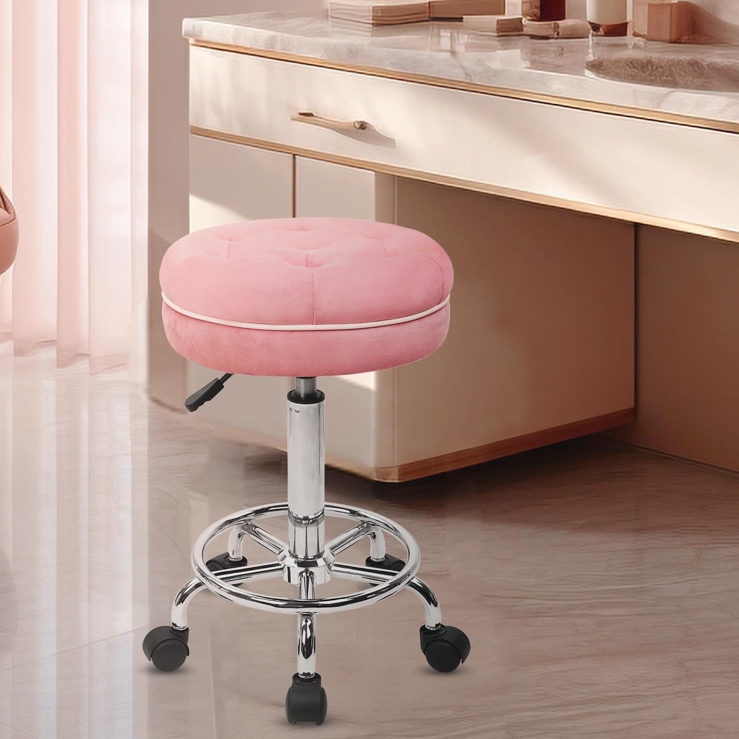 KLASIKA Velet Rolling Bar Stool with Wheels, Tall Drafting Stool with Adjustable Height and Footrest, Multi-Purpose Office Desk Chair for Home Kitchen Shop Work, Pink (1PK)