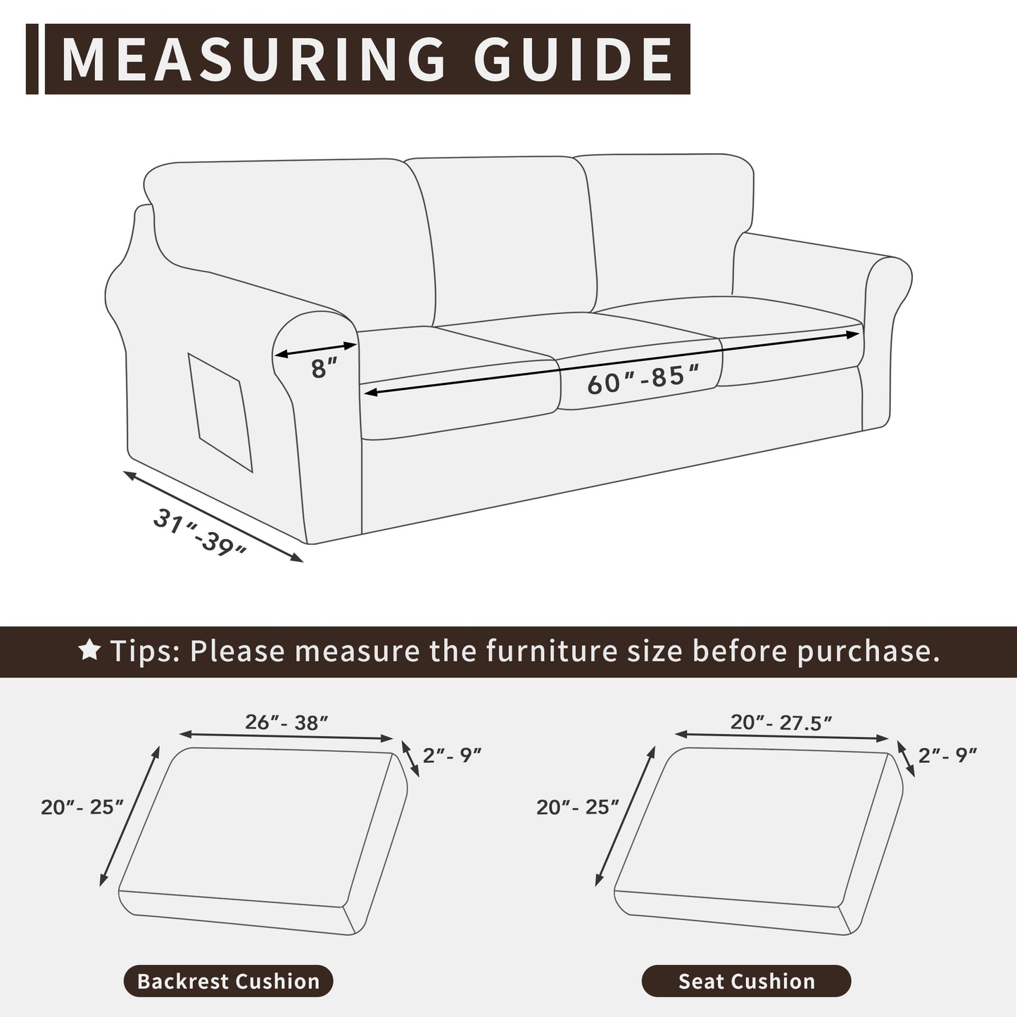 Easy-Going 7 Pieces Stretch Couch Cover Washable Sofa Cover Set for 3 Backrest and Seat Cushion Couch Anti-Slip Sofa Slipcover Furniture Protector with Elastic Bottom (Large, Light Grey)
