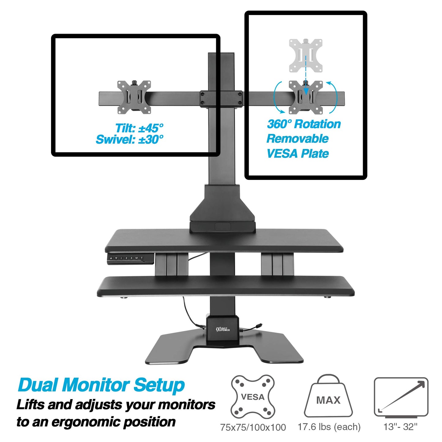 AVLT Electric Standing Desk Converter for Dual 32" Monitors, Motorized Sit to Stand Riser with 28"x16" Tabletop, Large Keyboard Tray, Height Adjustable, Sturdy Base, Small Footprint