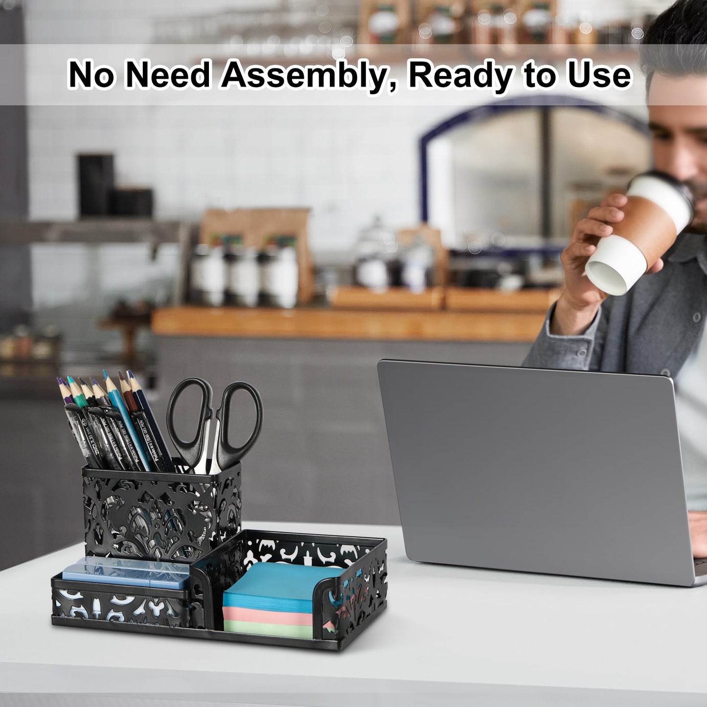 EasyPAG Desk Organizer with 3 Compartment for Pencil Sticky Note Holder and Office Accessories,Black
