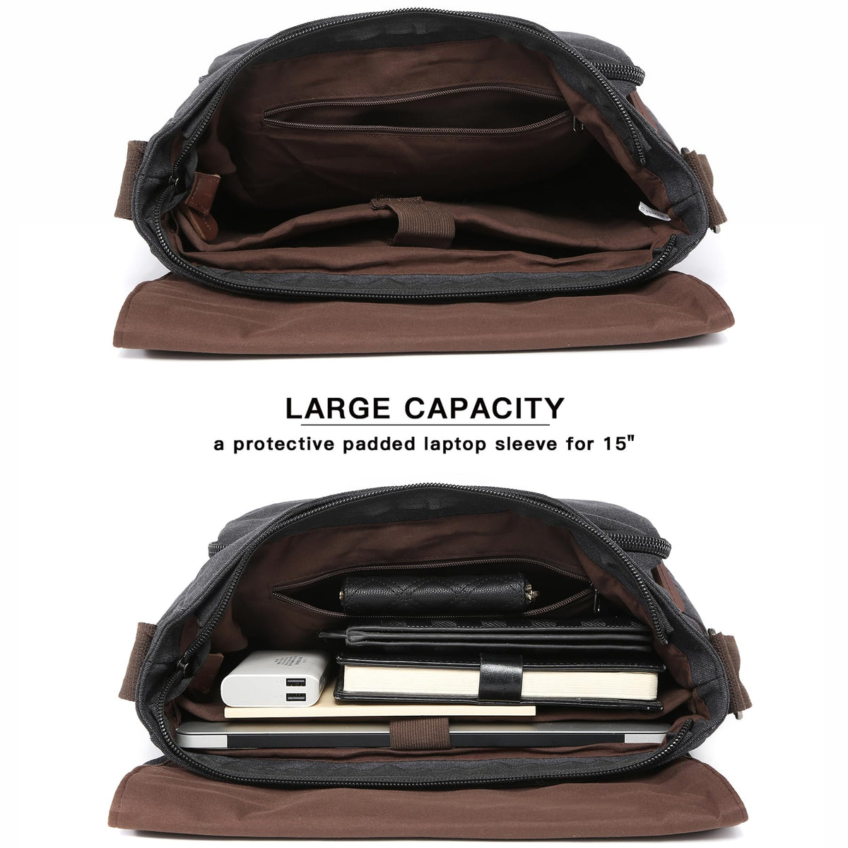 Dasein Large Vintage Canvas Messenger Shoulder Bag, Black, 15in Laptop