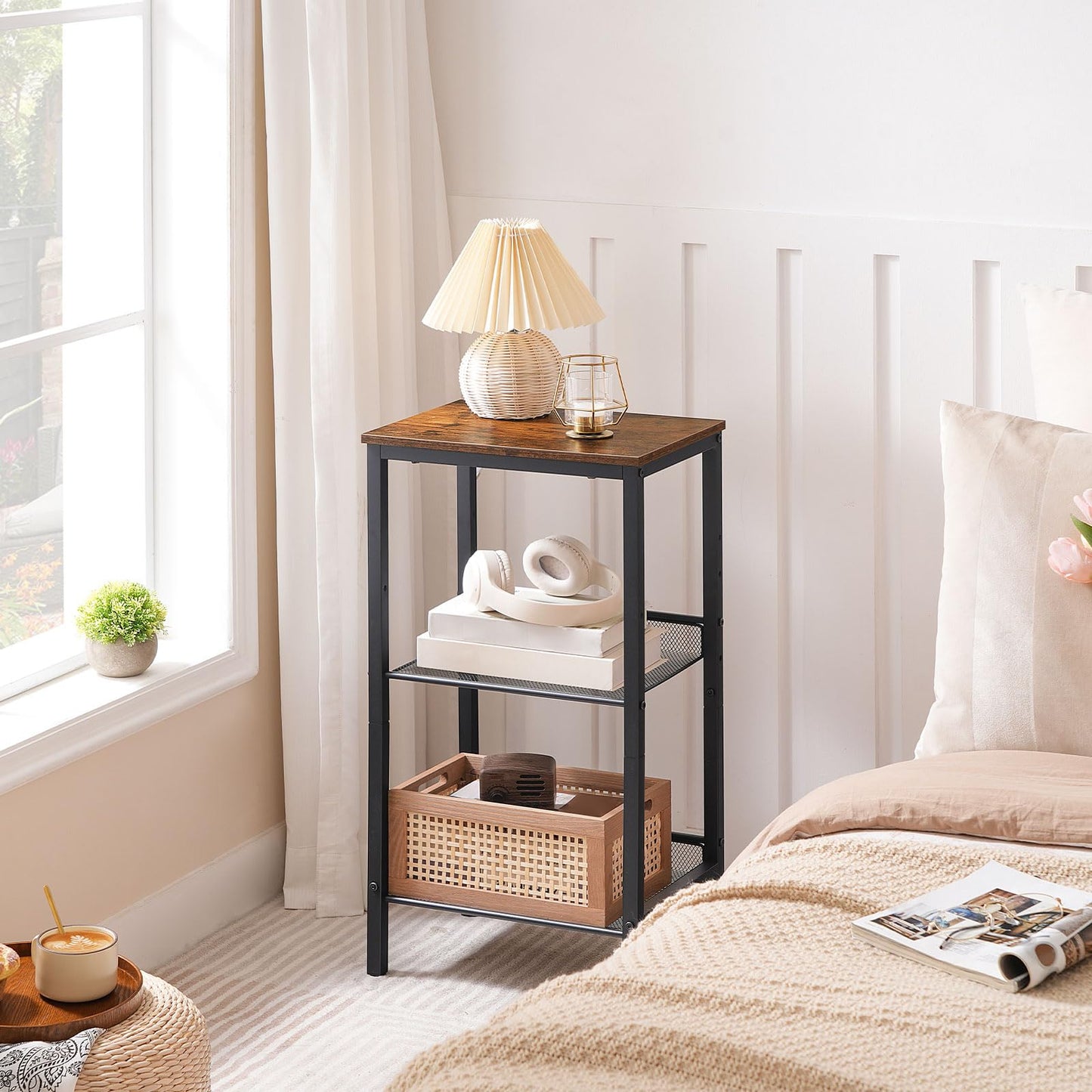 HOOBRO Side Table, 3-Tier Tall End Telephone Table with Adjustable Mesh Shelves, Small Entry Table for Living Room Bedroom Hallway or Office, Rustic Brown and Black BF01DH01G1