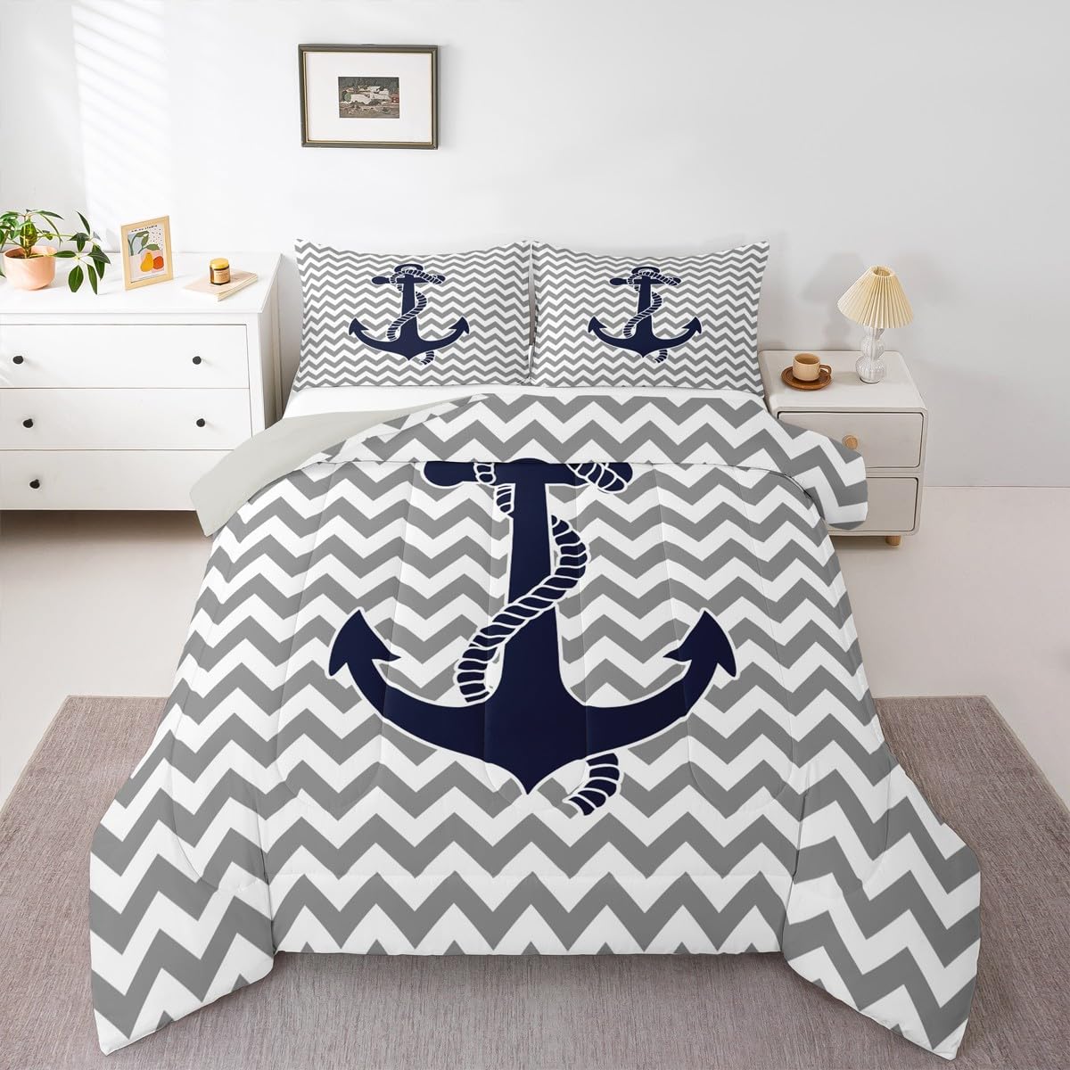 Castle Fairy Nautical Anchor Comforter Set Twin Size,Geometric Gray Stripe Bedding Set 2pcs for Kids Teens Adults Room Decor,Ocean Adventure Themed Quilt Set Modern Abstract Duvet Insert,1 Pillowcase