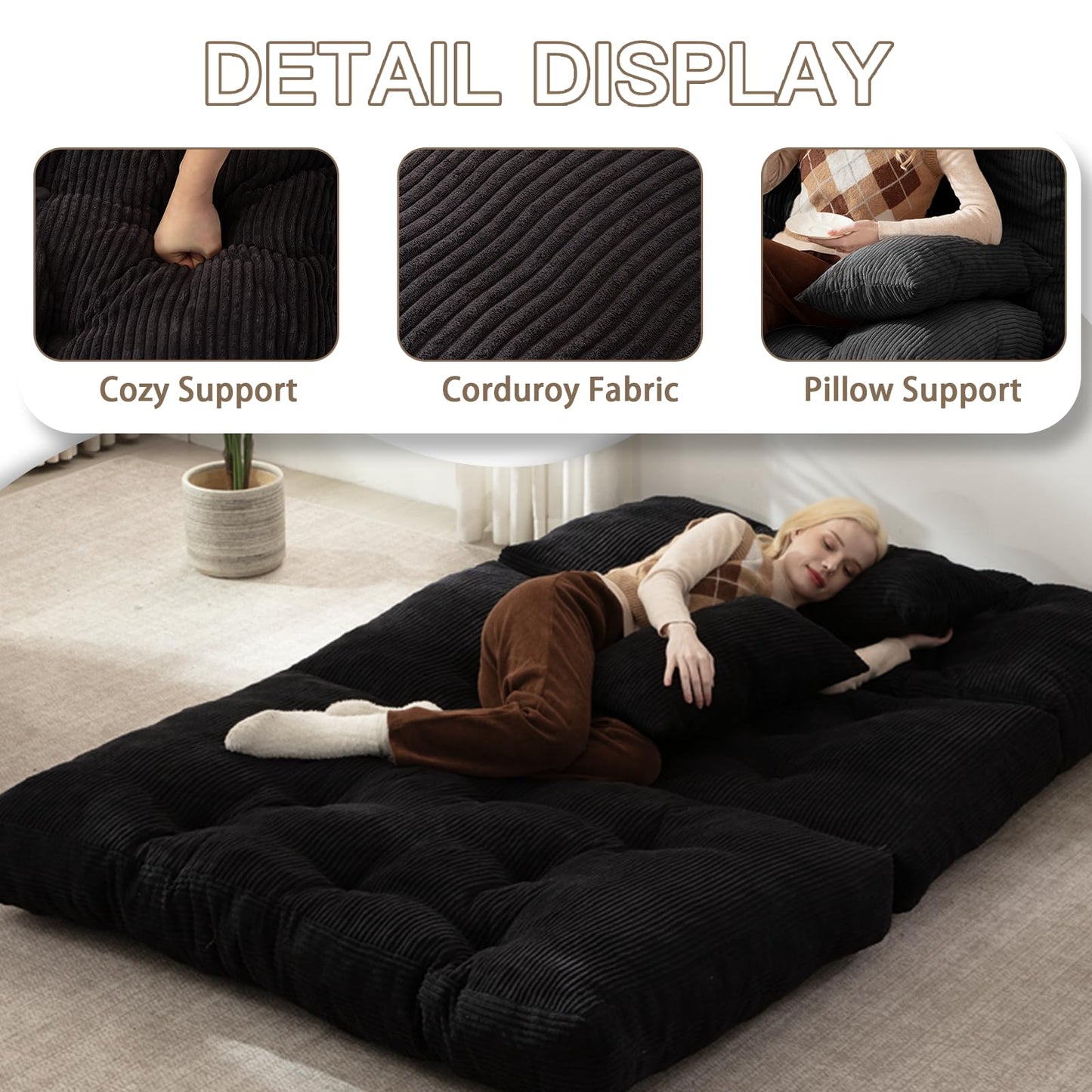 Folding Sofa Bed, Convertible Sleeper Chair with Pillow Foldable Mattress with Back Support, Portable Fold Out Chair Bed Comfy Floor Sofa Lounge for Living Room Bedroom, Black Full 80x54 Inch