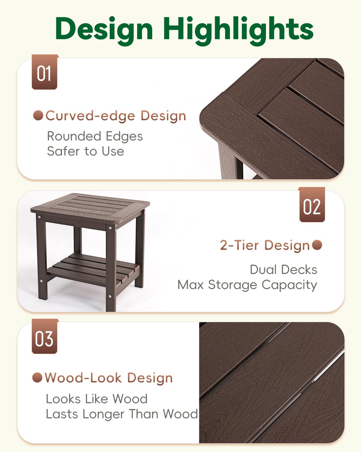 Kibaso-Adirondack Outdoor Side Table, 2-Tier HDPE Outdoor End Table, Weather Resistant Easy Maintenance, Small Patio Side Table for Patio, Pool, Porch, Garden, Lawn, and Living Room (1, Coffee Brown)
