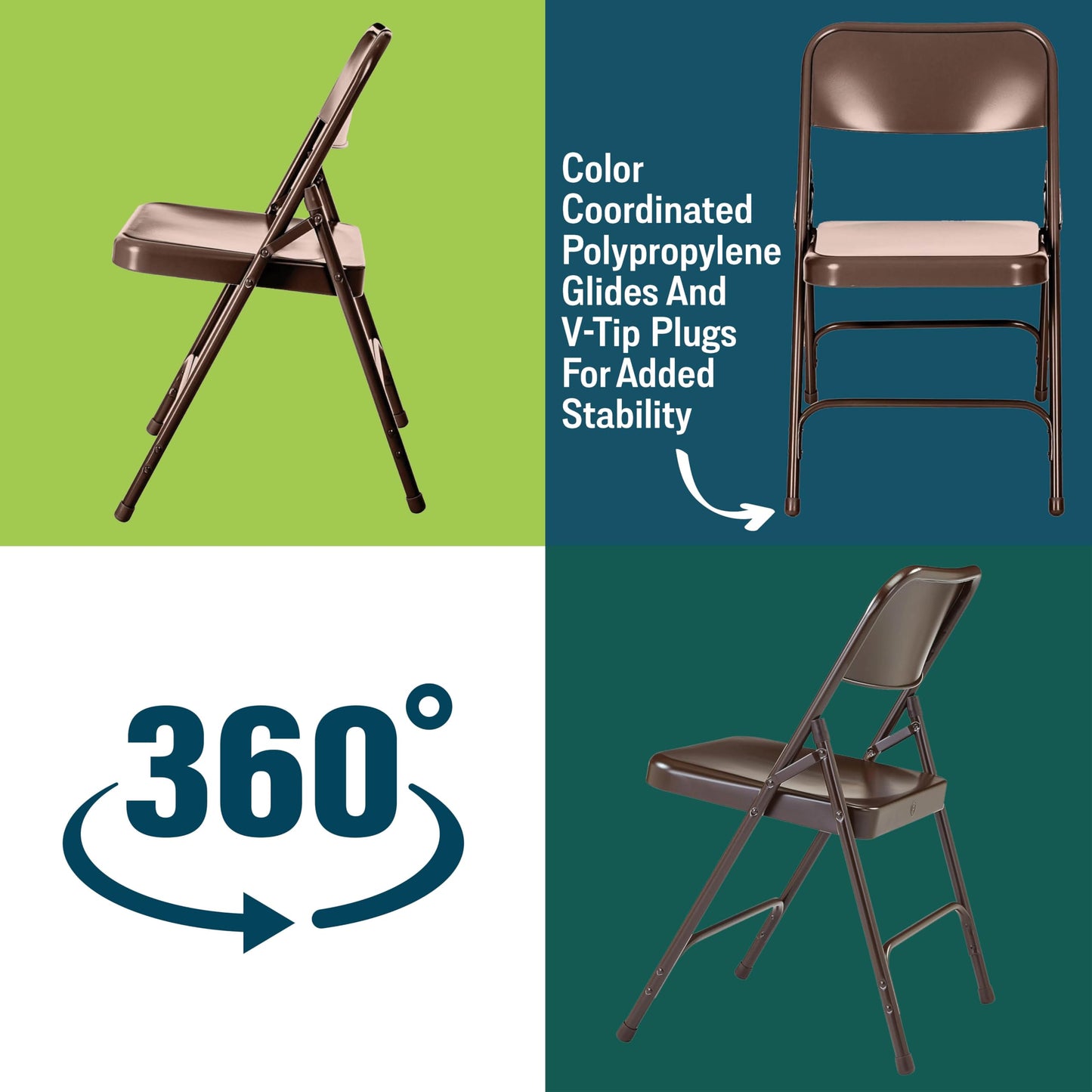 Steel Portable Folding Chairs by National Public Seating – 200 Series Premium Heavy-Duty Foldable Chairs for Indoor & Outdoor, Set of 4 – Comfortable, Durable, Institutional-Grade, Brown