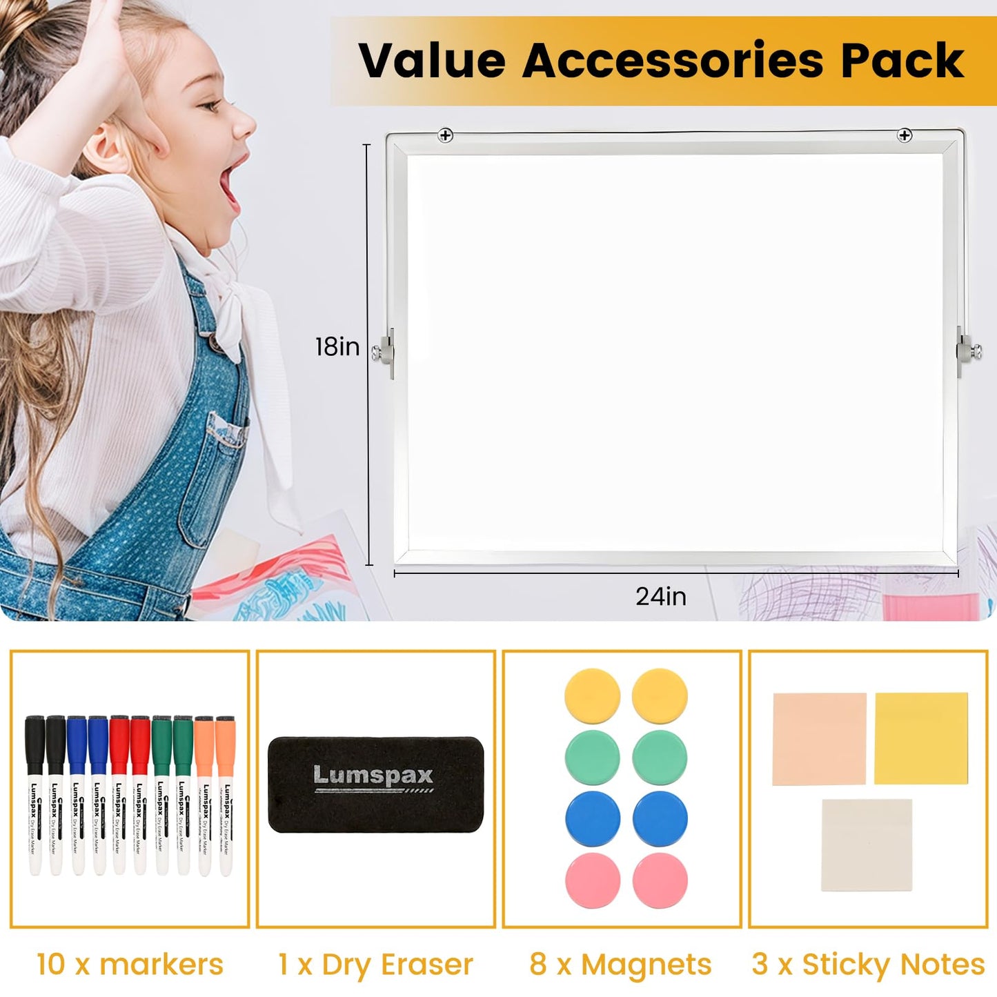 Lumspax White Board with Stand, 24" x 18" Double-Sided Desktop Dry Erase Board, Portable Magnetic Whiteboard Easel for Kids Office Home School