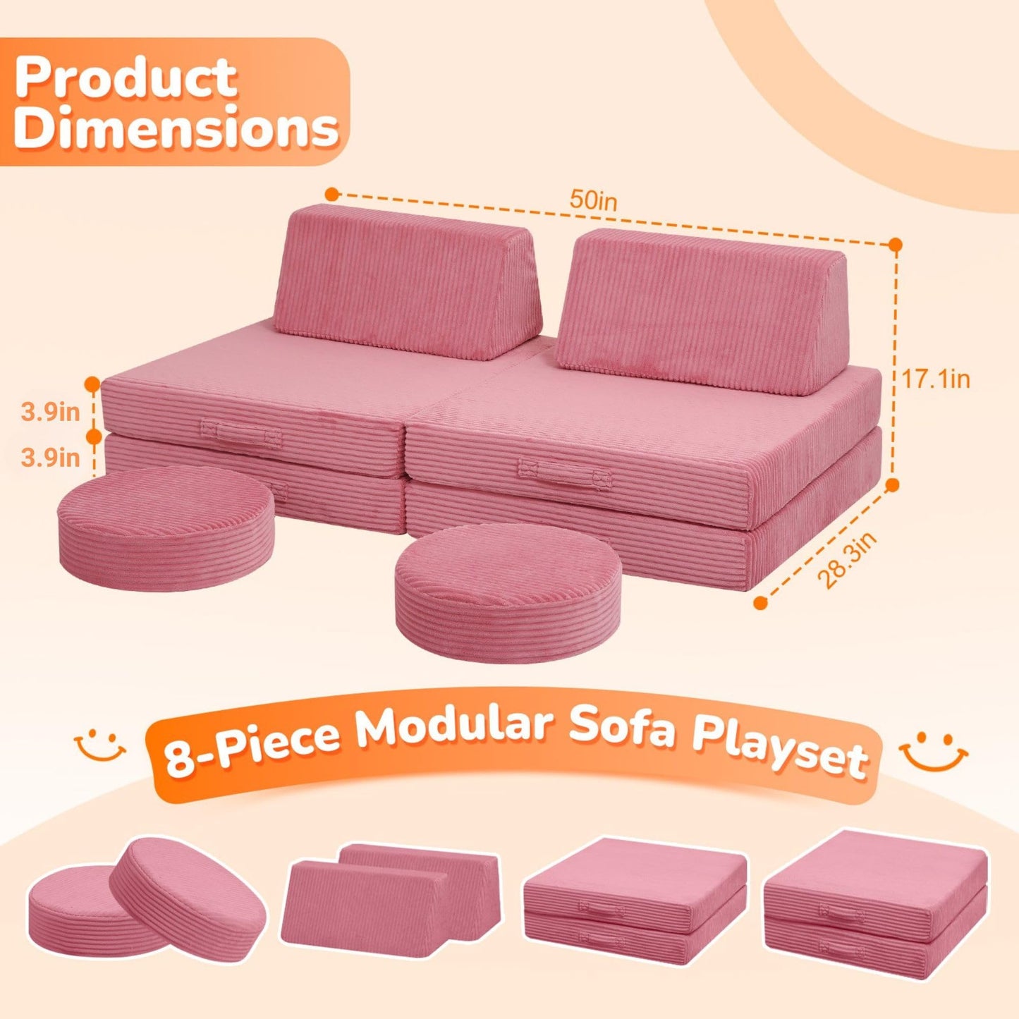 MeMoreCool Kids Couch for Playroom, Corduroy Convertible Toddler Couch, 8 Piece Modular Play Sofa, Foam Fort Building Set for Child Room Furniture, Pink
