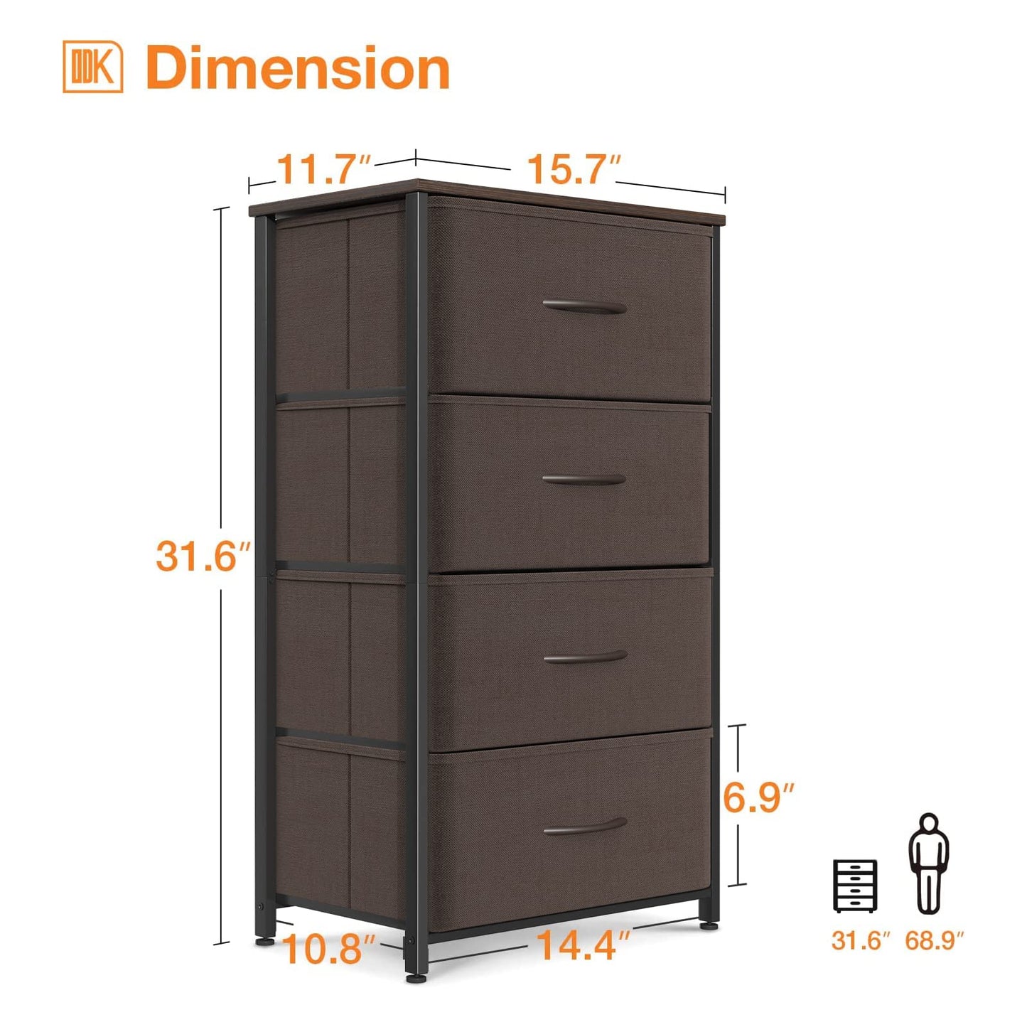 ODK Dresser for Bedroom with 4 Storage Drawers, Small Dresser Chest of Fabric Drawers with Sturdy Steel Frame, Wood Top, Brown