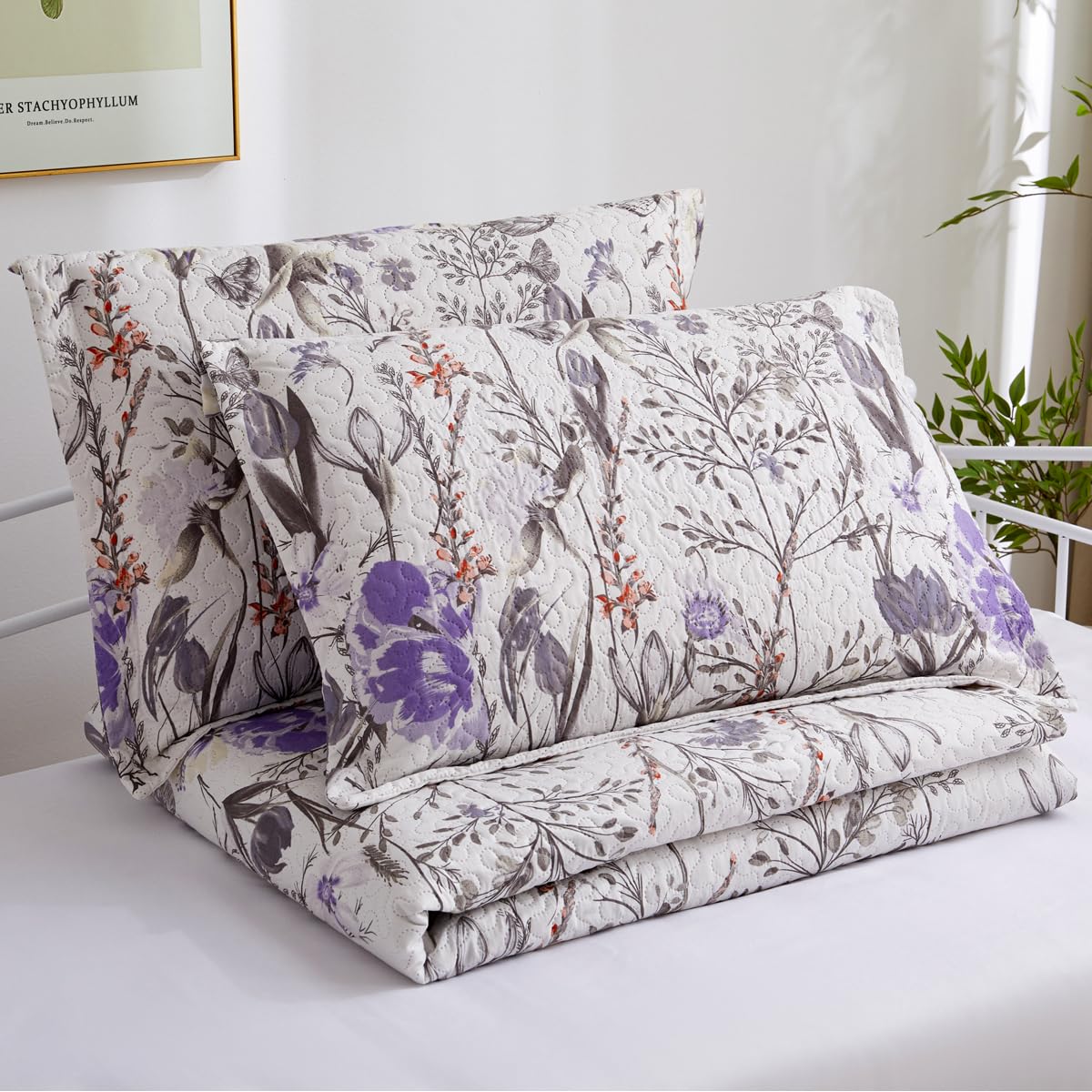 Jarson 3 Pcs Floral Daybed Cover Set Twin Size Butterfly Tulip Flower Sofa Cover Bedding Sets Double Side Bed Set for All Season Botanical Pattern Daybed Quilt Set with Pillow Shams