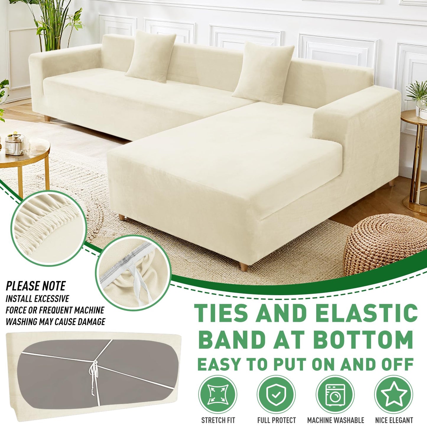 ZNSAYOTX 2026 Soft Velvet Sectional Couch Covers, Luxury Plush Slipcovers with Elastic Bottom for L Shape Sectional Sofa, 2 Pcs Pet Friendly Protector (3 Seat Couch + 2 Seat Chaise, Beige)