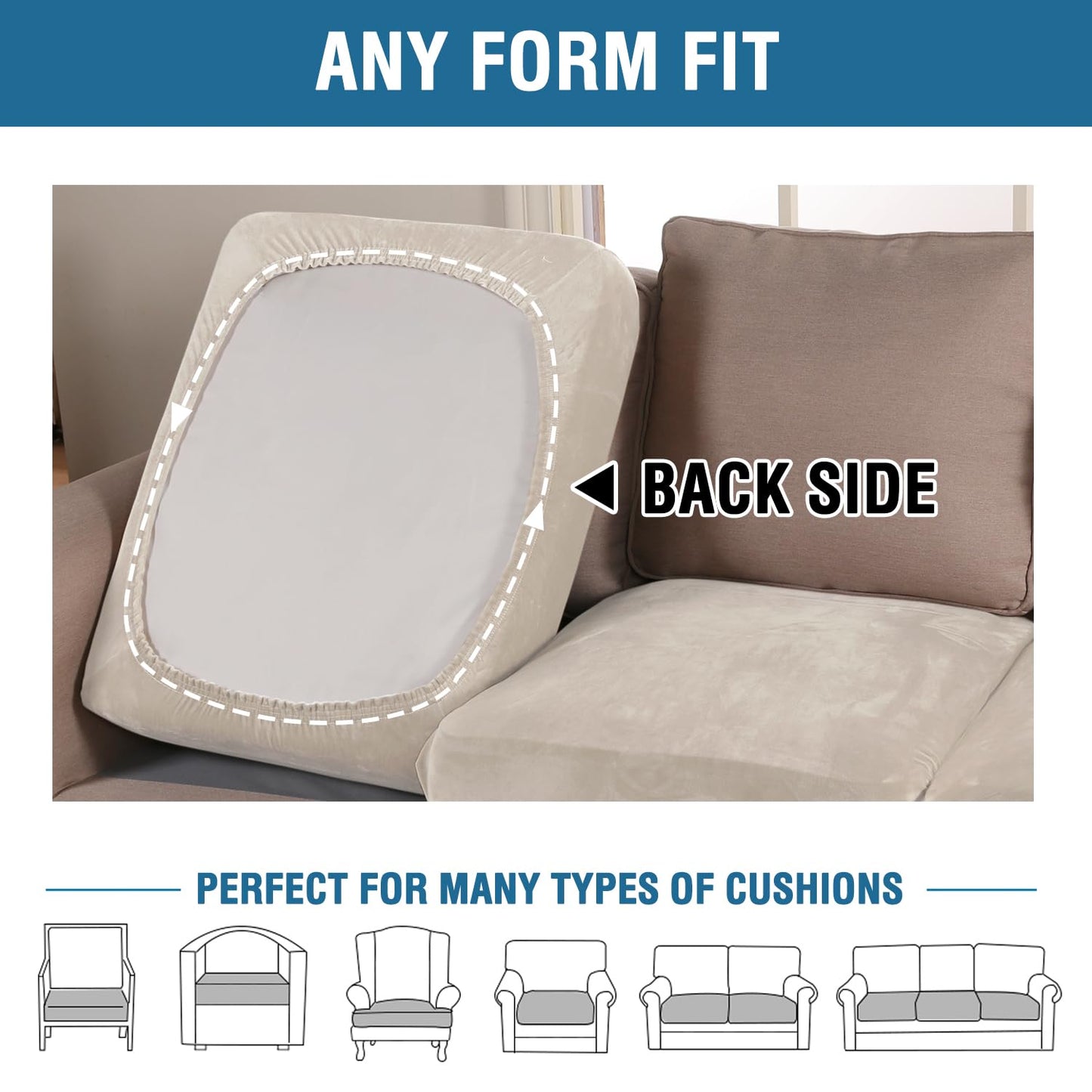 H.VERSAILTEX Velvet Stretch Couch Cushion Cover Plush Cushion Slipcover for Chair Loveseat Sofa Cushion Furniture Protector Seat Cushion Sofa Cover (3 Piece XL Sofa Cushion Covers, Ivory)