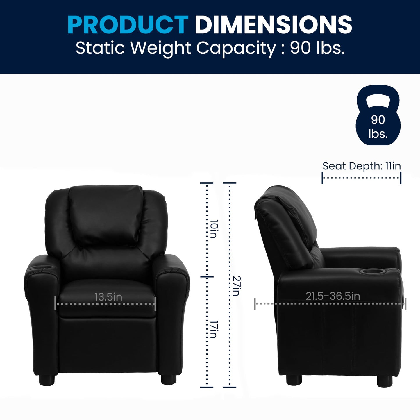 Flash Furniture Vana LeatherSoft Kids Recliner with Cup Holder, Headrest, and Safety Recline, Contemporary Reclining Chair for Kids, Supports up to 90 lbs., Black