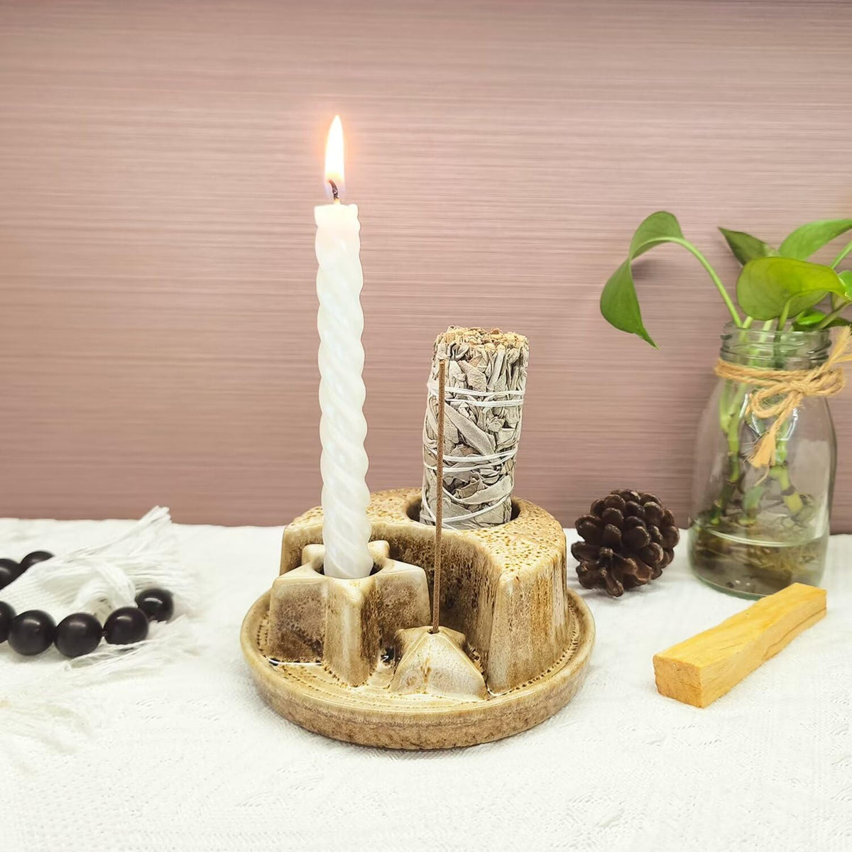 Aonfubu Palo Santo Stick Holder,Ceramic Sage Holder for Burning,4 in 1 Incense and Candle Holder,Ash Catcher Tray for Meditation Yoga Room Speckled White