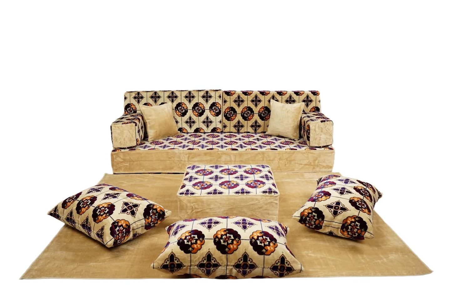 arabicsofa White Modular Diwan Sectional Seating – Arabic Jalsa Sofa Set with Cushions, Handmade Lounge Sofa for Living Room (Royal White Tulip, 8'' Single Full Set)