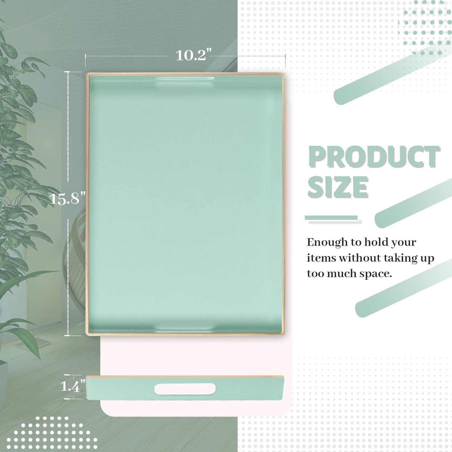 MAONAME Mint Green Serving Tray with Handles, Modern Decorative Trays for Coffee Table, Plastic Rectangular Trays for Ottoman, Bathroom, Decor, 15.8” x 10.2” x 1.4"