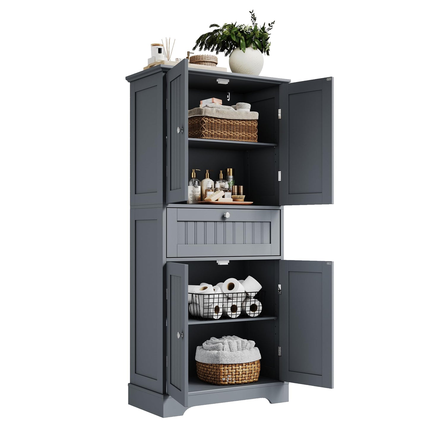 ChooChoo 51" H Tall Bathroom Floor Cabinet, Modern Bathroom Storage Cabinet with Drawer and Adjustable Shelves, Freestanding Kitchen Pantry Cupboard with 4 Doors for Living Room, Grey