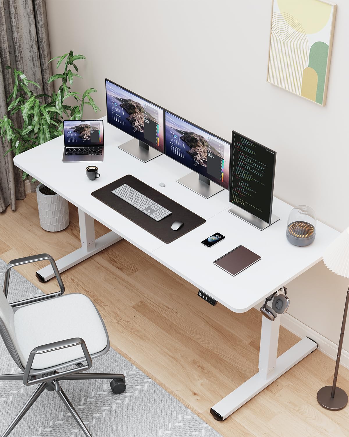 Xyndyx 55" Electric Standing Desk Adjustable Height, Sit Stand up Desk for Home Office & Computer Workstation, 2 Memory Height Settings, Splice Board, 2 Hooks, White Frame/White Top