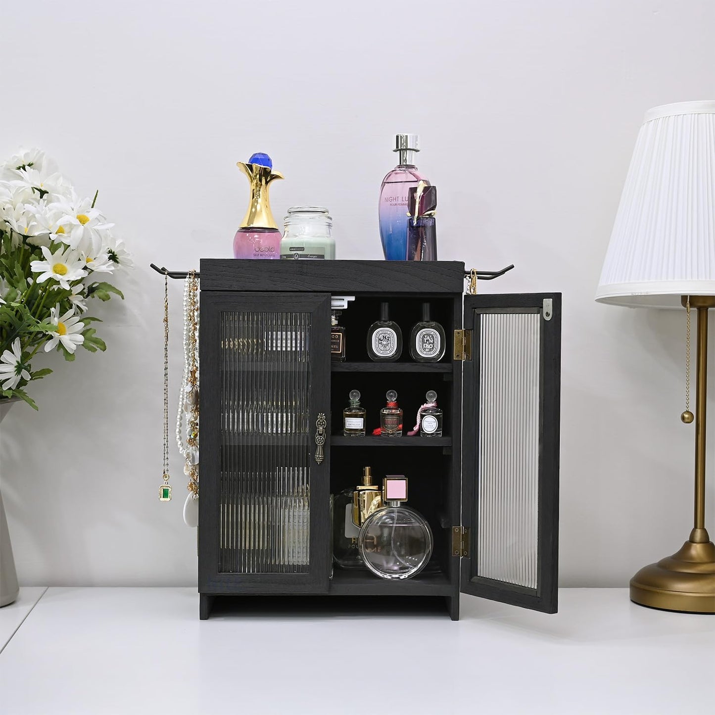 Ikee Design Wooden Countertop Storage Cabinet with Wavy Magnetic Door, Adjustable Shelves, Removable Hooks. Perfect for Perfume, Figurines, and Coffee Cups, Black Color, 10.4 W x 6.1 D x 14.4 H in
