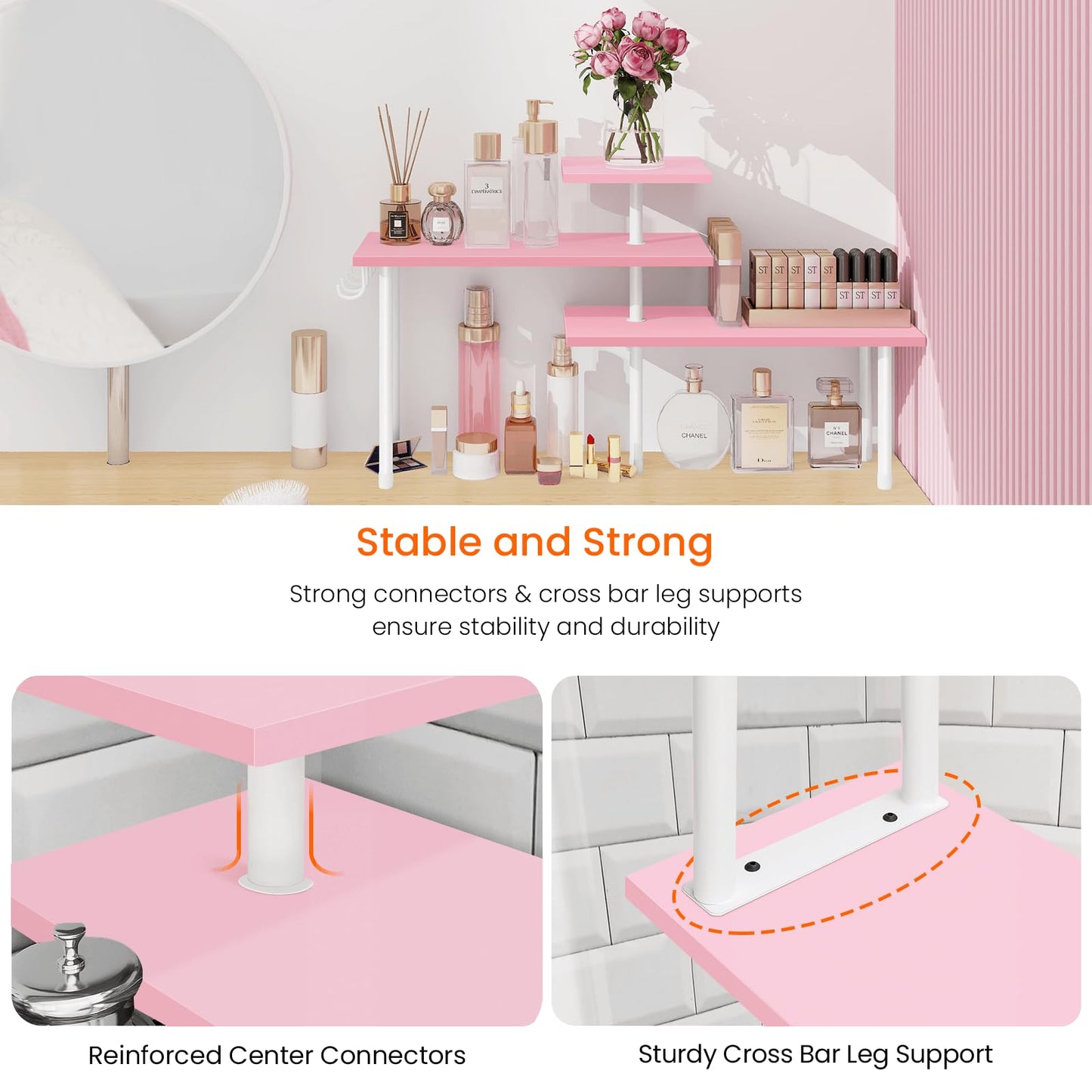 Homode 3-Tier Counter Organizer Shelf for Bathroom, Corner Shelf for Countertop, Over Sink, Make Up, Dresser Table, Desktop - Pink