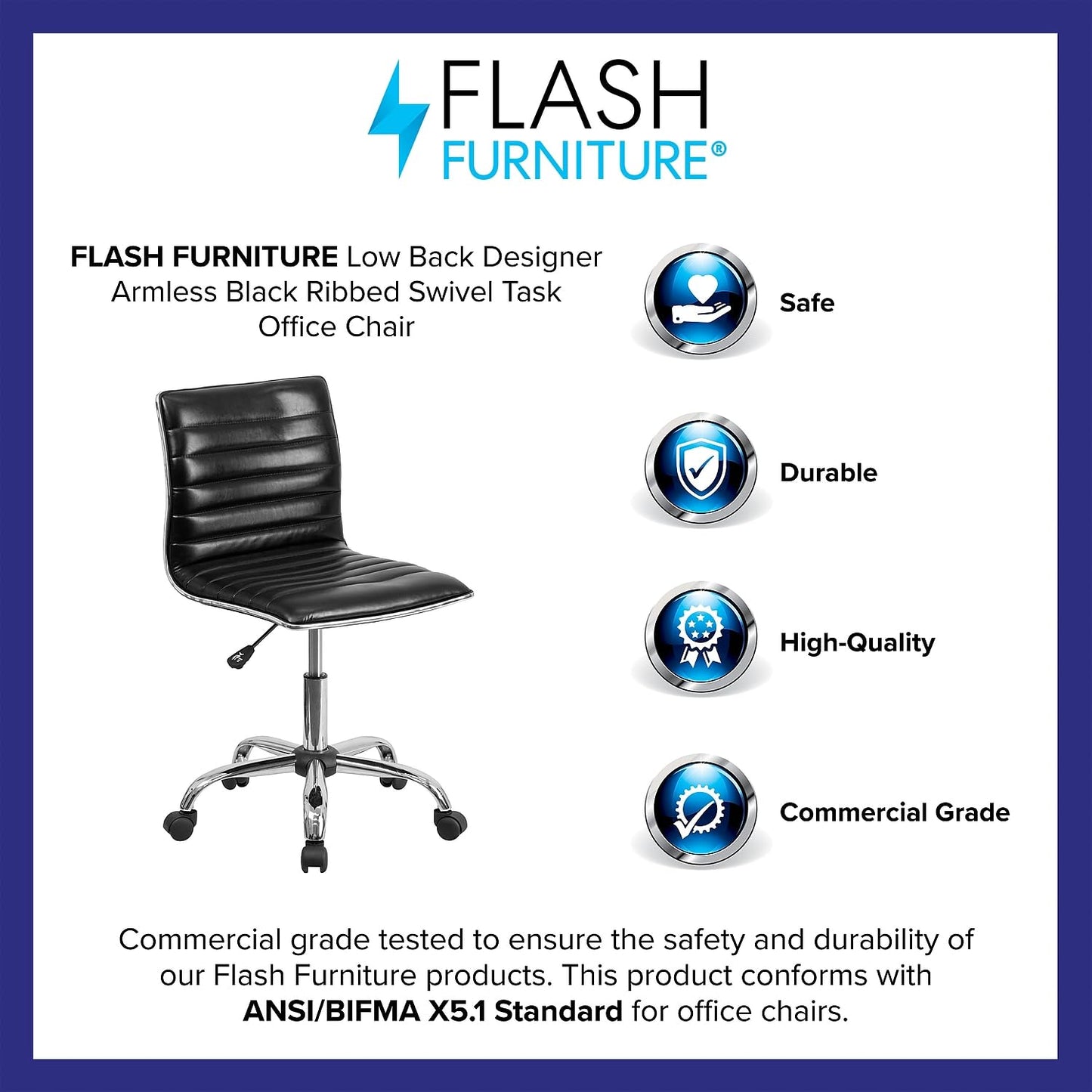 Flash Furniture Alan Low Back Designer Armless Black Ribbed Swivel Task Office Chair