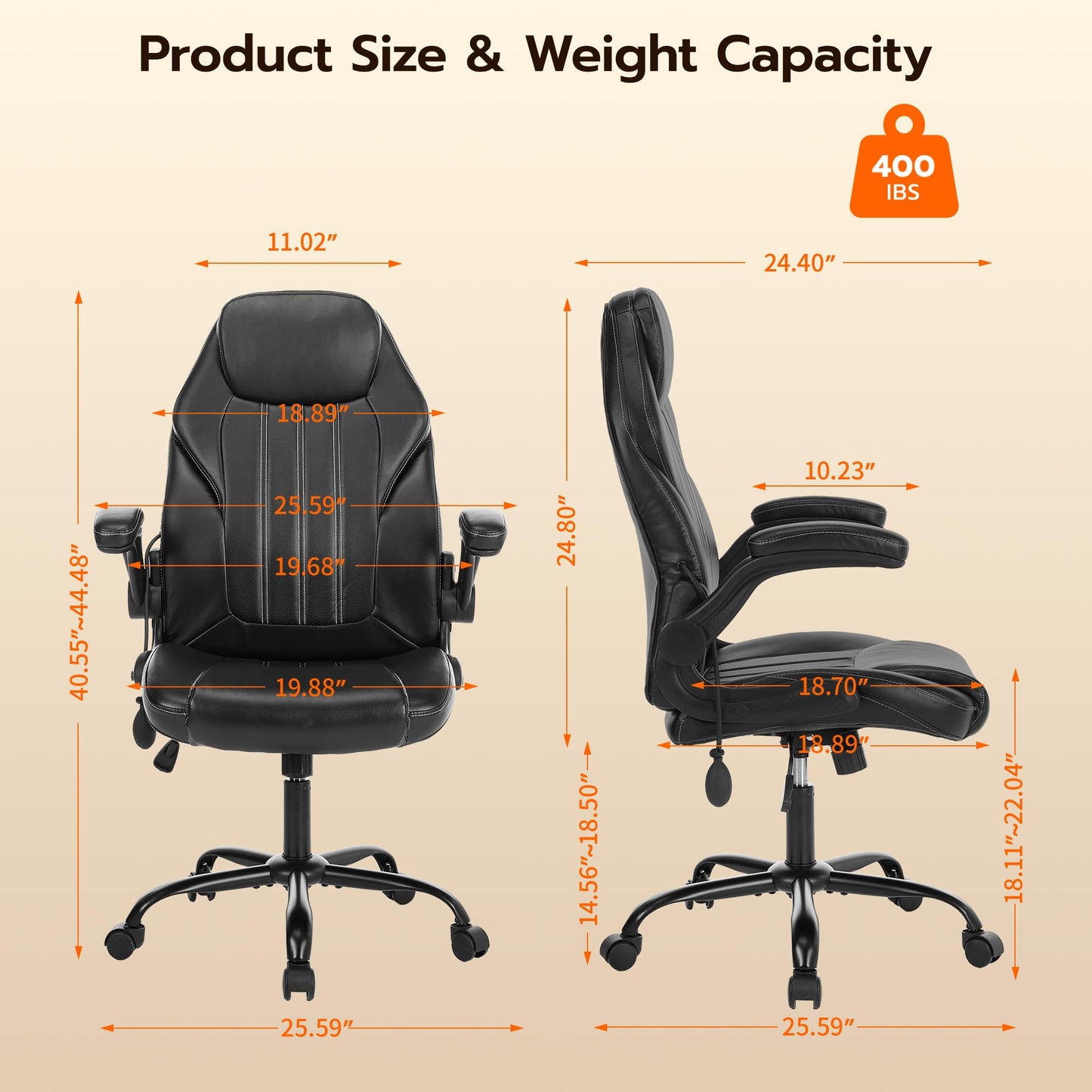 Ylzyxal Office Desk Chair, Ergonomic Computer Chair with Padded Flip-Up Arms and Adjustable Lumbar Support, PU Leather Executive Chair with Tilt Lock and 360° Swivel Rolling Wheels for Work, Study