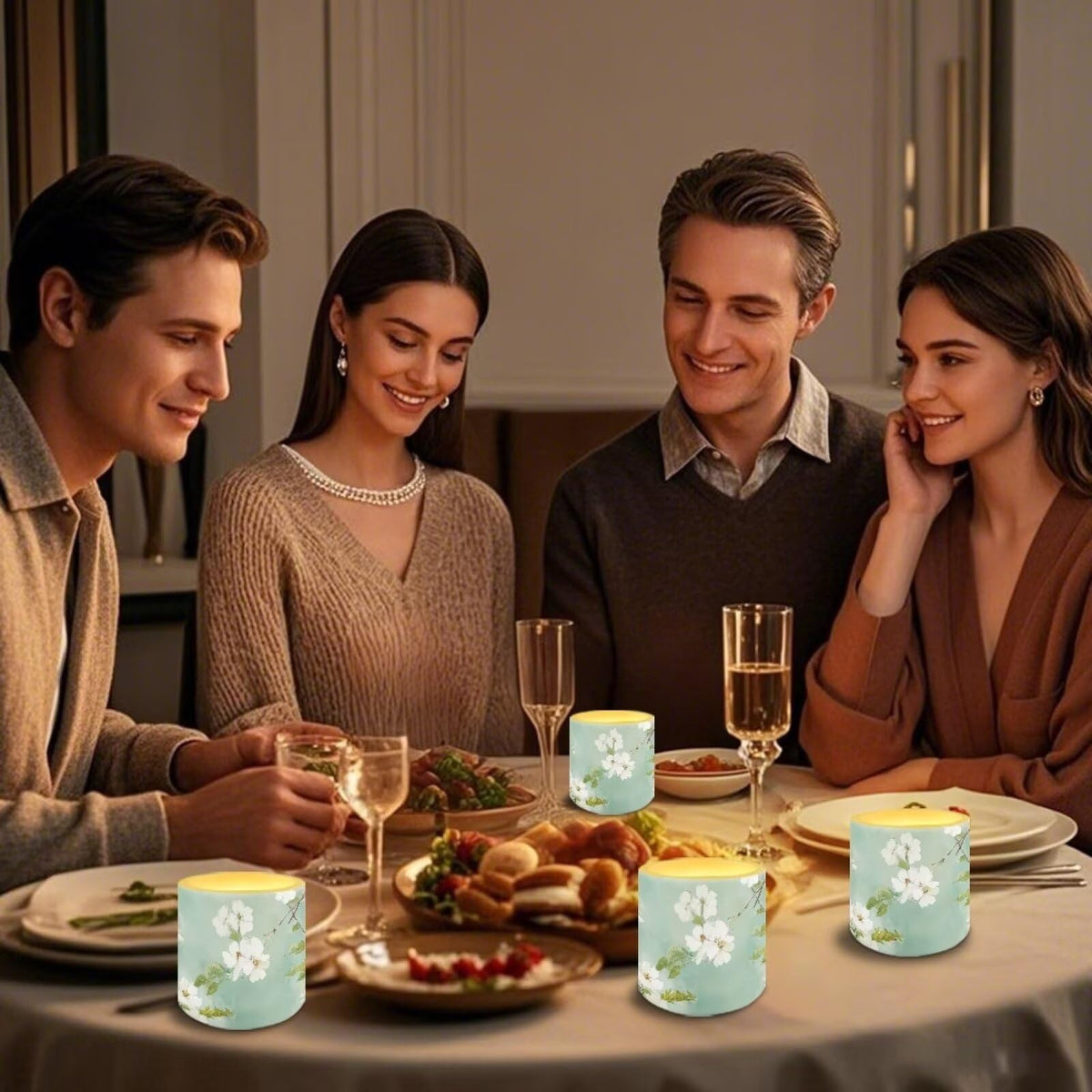 Cozeyat Mint Floral Flameless LED Candles 4 Pack Battery Operated with Remote Control Timer Pillar Candles Waterproof for Home Garden Use
