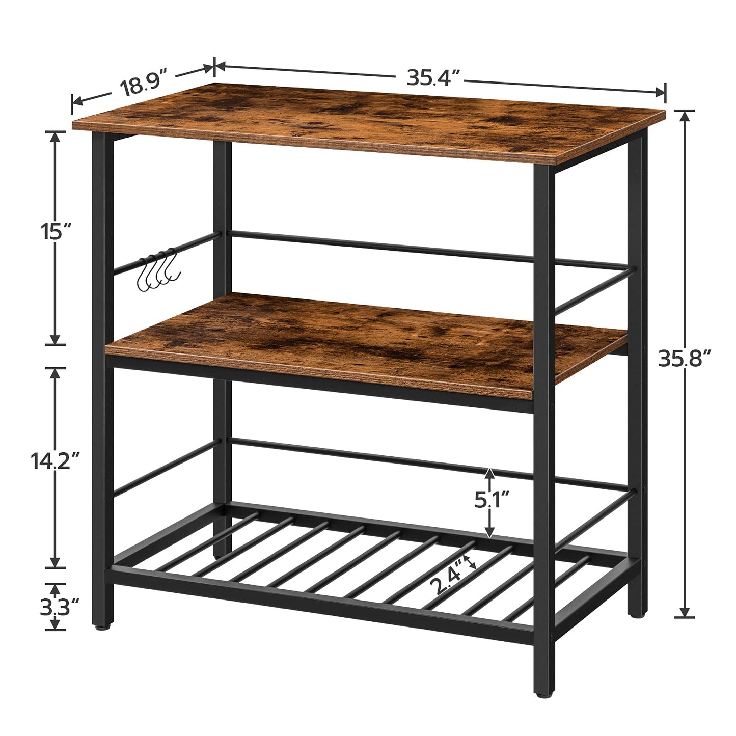 HOOBRO Kitchen Island with Wine Rack, Industrial Island Counter with Hooks and Protective Rails, 3 Tier Kitchen Shelf with Large Workstation, Easy Assembly, Rustic Brown BF02ZD01