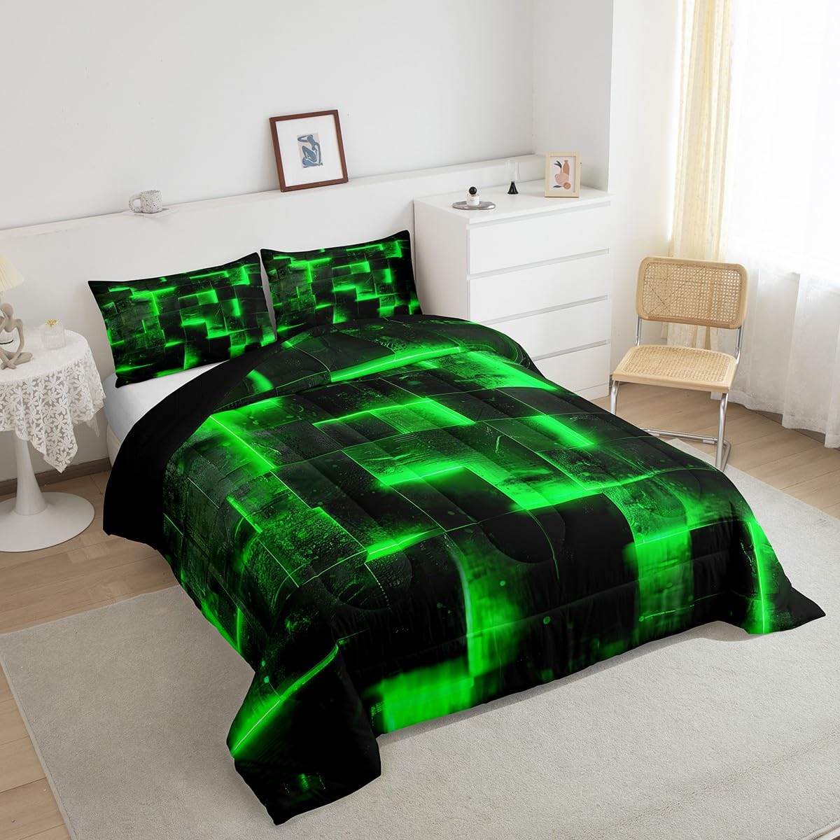 3D Geometric Bedding Set Twin Abstract Aesthetic Twin Comforter, Black and Green Duvet Insert Glowing Futuristic Cubes Quilt Comforter, Neon Grid Bedding Comforters & Sets 2pcs (Black Reversible)