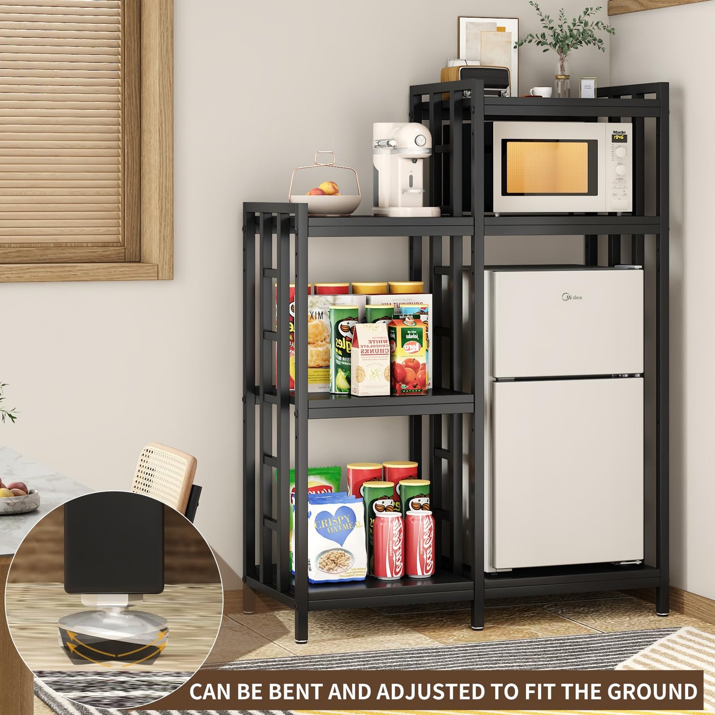 YCHF 6-Tier Kitchen Bakers Rack,Mini Fridge Shelf with Storage, Mini Fridge&Microwave Oven Stand Table,Coffee Bar,Adjustable Kitchen Shelves Freestadning for Home Office (Black Wood Grain)