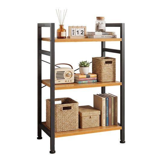 DUMOS 3 Tiers Open Bookshelf, Classic Freestanding Tall Display Shelf, Multifunctional Storage Organizer Rack for Living Room Home Office, Sturdy Bookcase for CDs/Books/Movies, Wood