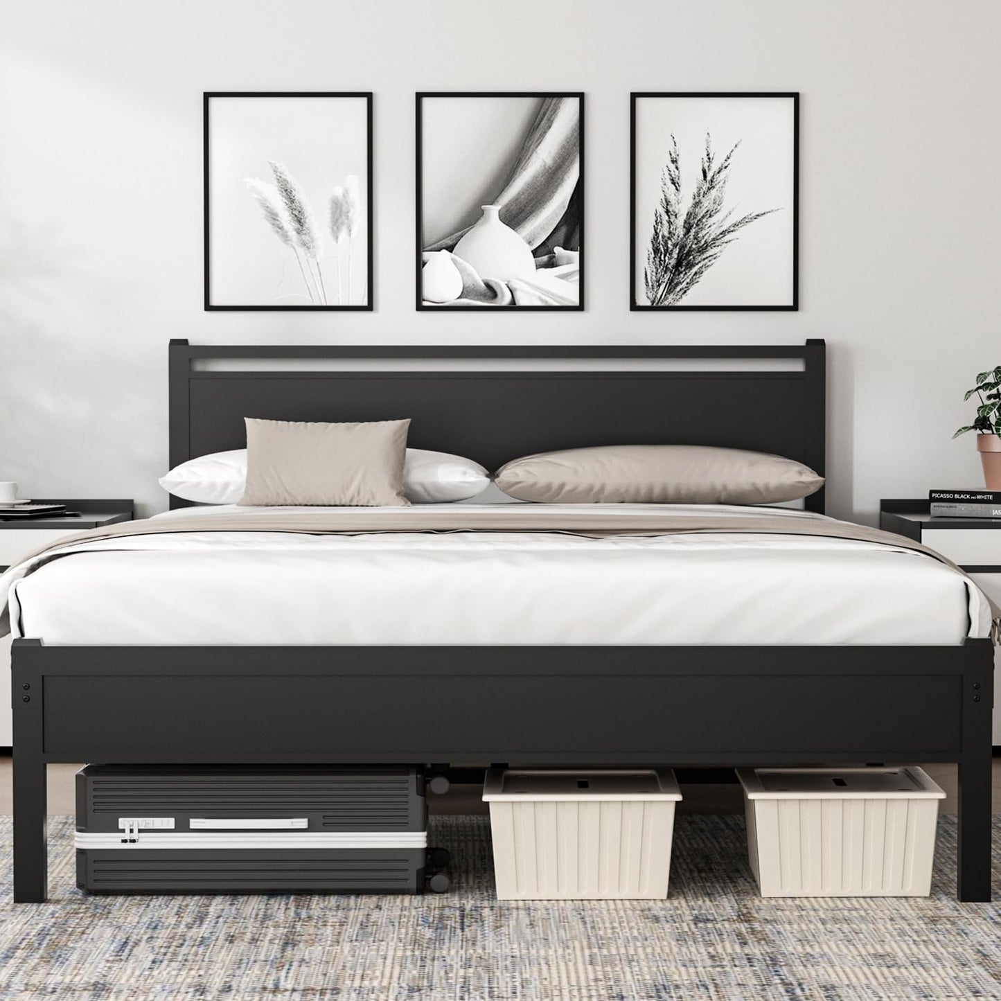 Easy Install 16 Inch Full Size Bed Frame,Metal Platform Bed Frame with Wooden Headboard and Footboard,Mattress Foundation,Large Under Bed Storage,No Box Spring Needed,Non-Slip Without Noise,Black