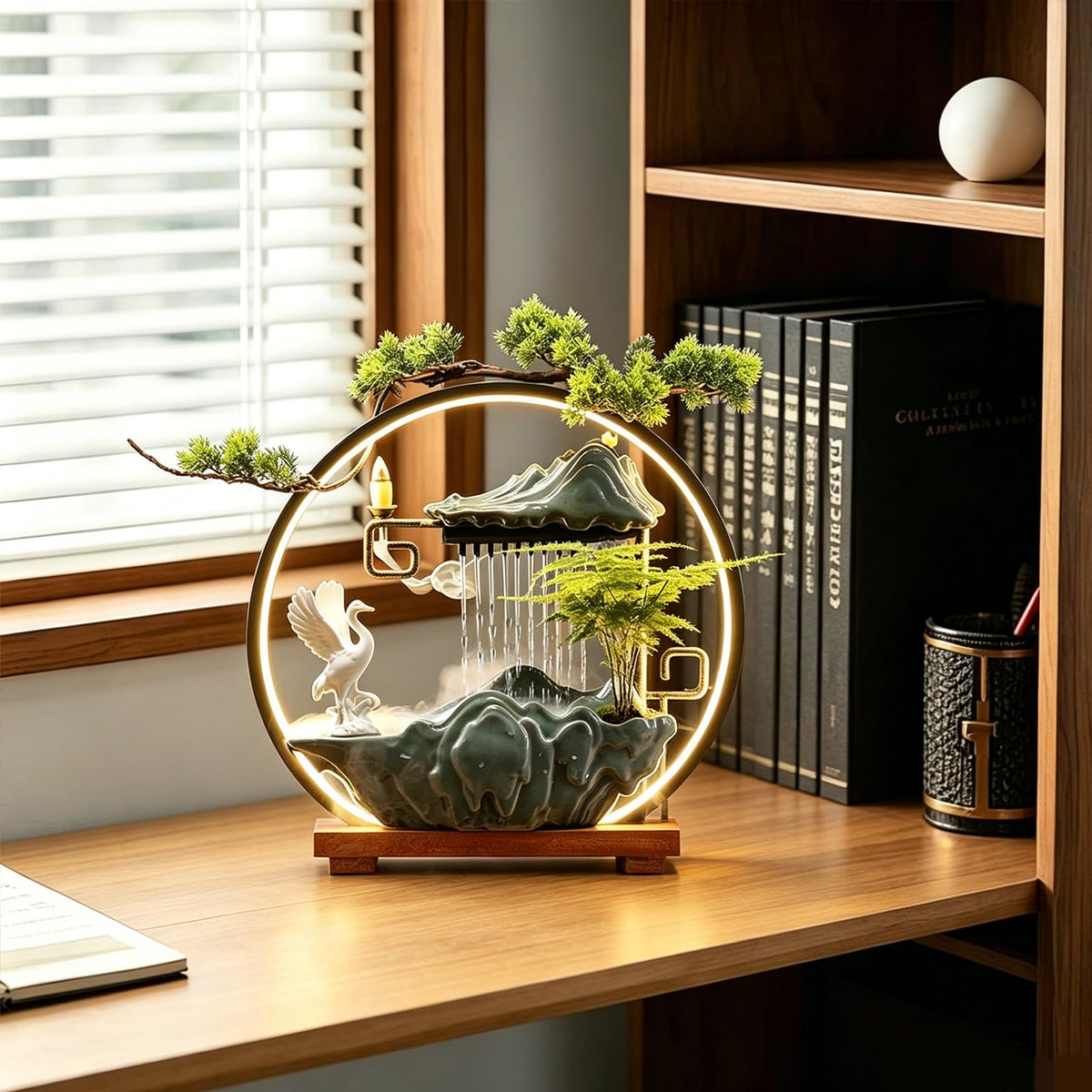 Tabletop Water Fountains Indoor Waterfall Fountain with Mist LED Light Feng Shui Wealth Desk Fountain with Backflow Incense Holder Zen Decor for Meditation (Crane)