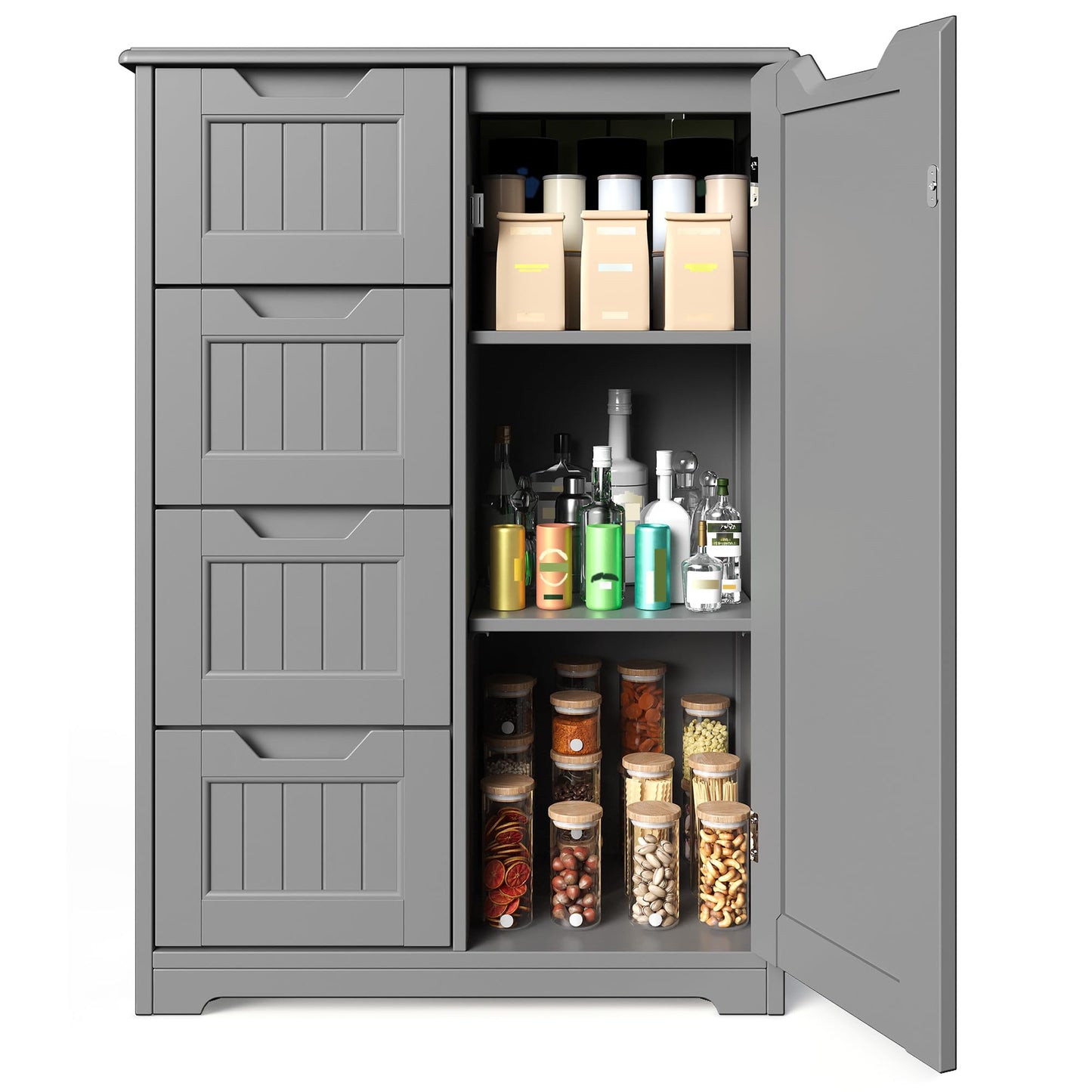 Gizoon Small Pantry with Door and Shelves, 33'' Kitchen Pantry Cabinet Freestanding Wooden Bathroom Storage Cabinet with 4 Drawers for Kitchen and Dining Room, Gray, Painted