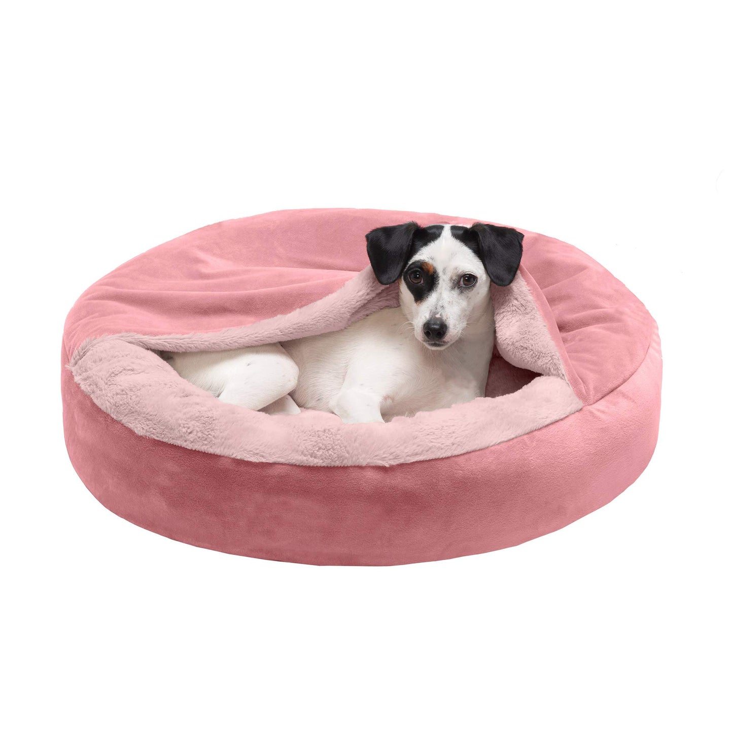 Furhaven 24" Round Calming Donut Dog Bed for Indoor Cats & Small Dogs, Washable, For Dogs Up to 20 lbs - Plush Velvet Waves Hooded Donut Bed - Rose Pink, Small