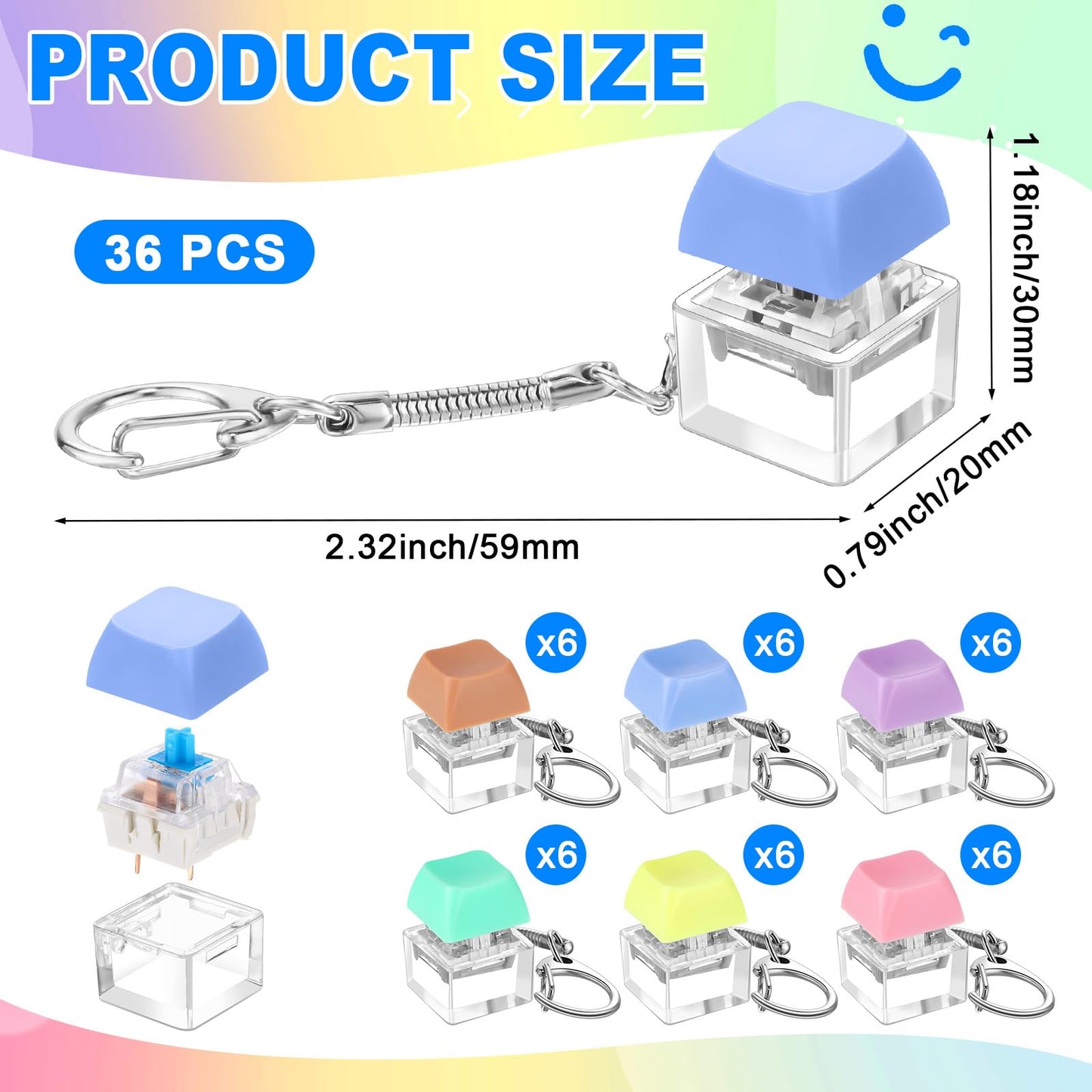 Seeloowy 36 Pcs Keyboard Fidget Clicker Keyboard Keychain Decompression Relief Toys Button Stress Relief Gifts for Adults Pass the Time (Vivid Color)