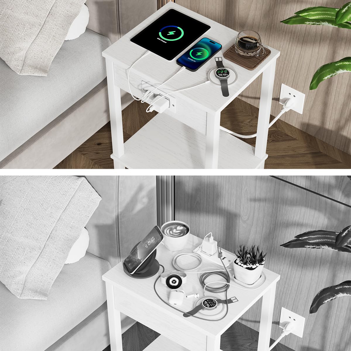 VIMBER Side Table with Charging Station, Set of 2 End Tables with USB Port and Outlets, Nightstands with 2-Tier Storage Shelves, Sofa Table for Small Space, Living Room, Bedroom, White UTBT102W2