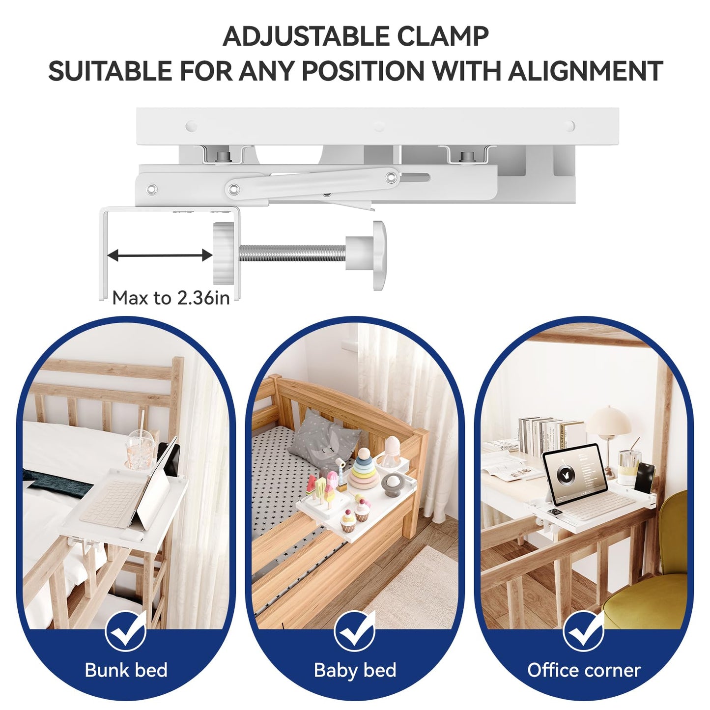 AmzAge Metal Bedside Shelf Table Tray with Cup Holder, Foldable Bed Side Table for Bunk Bed & Top Bunk, College Dorm Room Essentials for Guys & Girls, Clip-on Laptop Nightstand for IKEA Beds, White