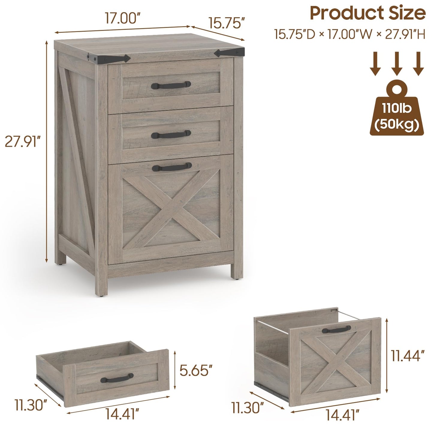 Halitaa 3 Drawer Small File Cabinet, Farmhouse Vertical Filing Cabinet Fits Letter and A4 Size, Under Desk Wooden File Cabinets for Home Office, Printer Stand, Rustic Grey