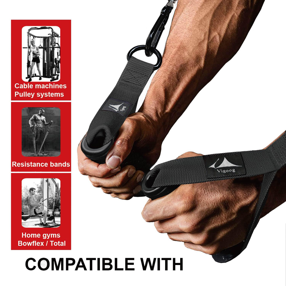 Vigoog Heavy Duty Gym Workout Handle Attachments - Powerful, Comfortable & Anti-Slip Rubber Exercise Grips for Cable Machines, Pulley Systems and Other Fitness Equipments (Carbon Black W)